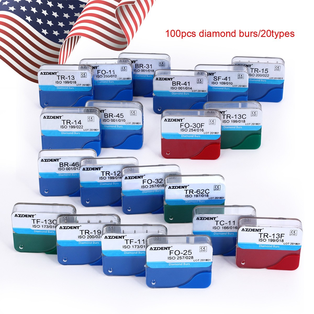AZDENT 100pcs Dental Diamond FG Burs for High Speed Handpiece Medium FG 1.6mm
