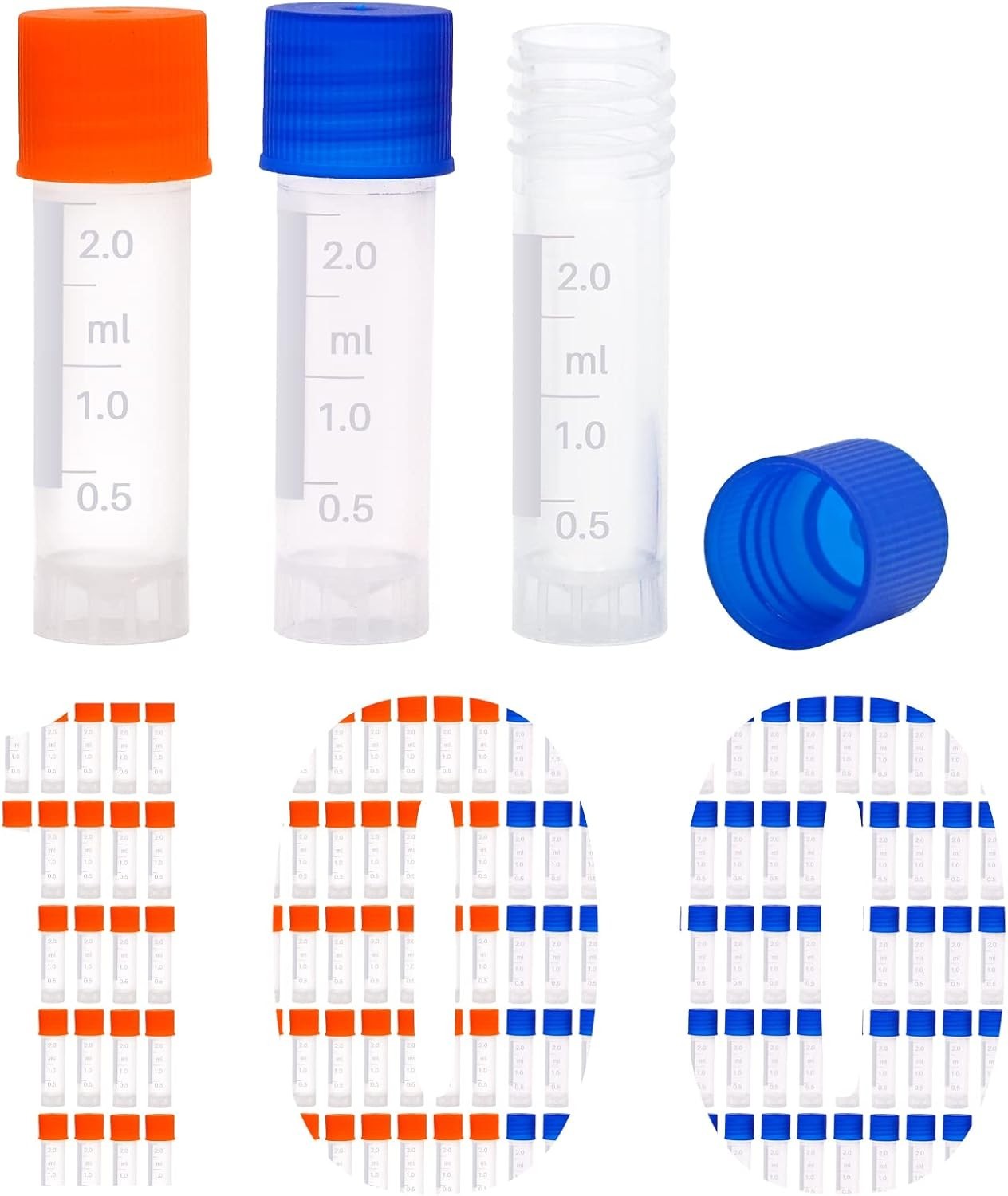 100 Pcs 2ml Leak-Proof Plastic Vials – Ideal for Labs & Schools – Blue & Orange