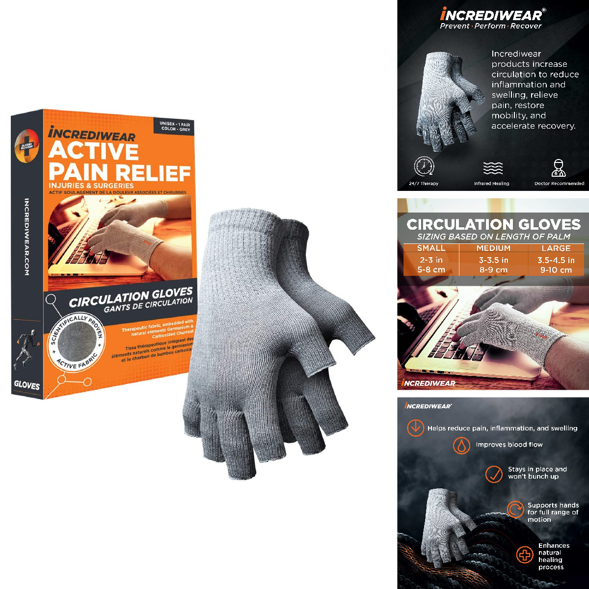 Incrediwear Fingerless Circulation Gloves Arthritis Gloves Greysmall Gl601