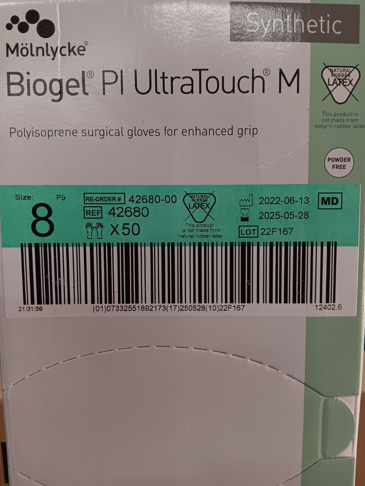 Biogel PI OrthoPro Polyisoprene Surgical Gloves 50 Pair Size: 8 – Exp: 05/2025