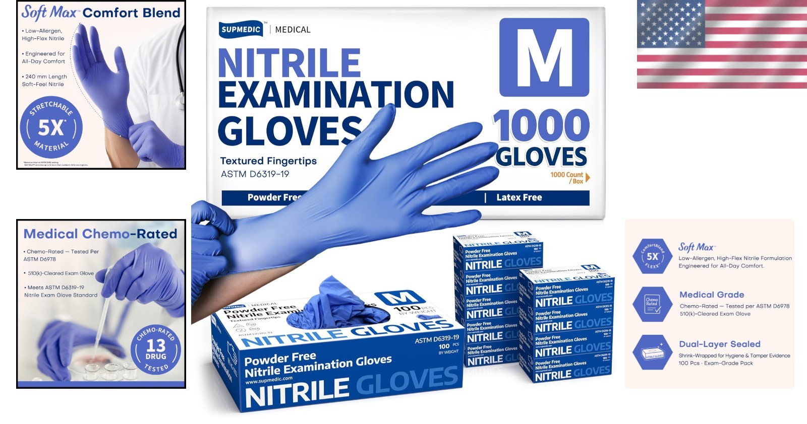 Heavyweight Nitrile Exam Gloves, 1000 Medium Blue Iris, Food Safe, Textured Grip