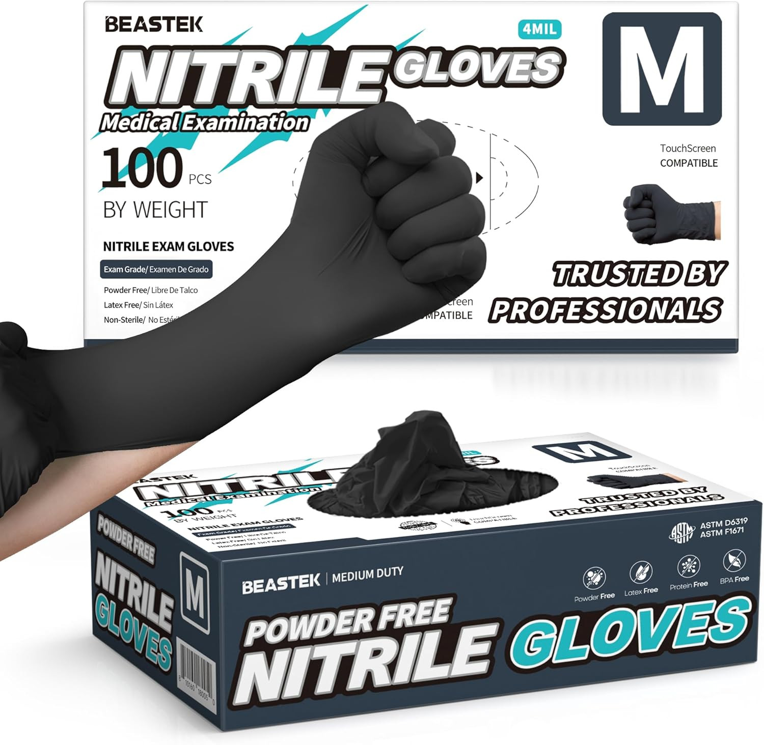 Black Nitrile Exam Gloves, 4.0 Mil, 100 Pcs Disposable Gloves Powder-Free Latex-