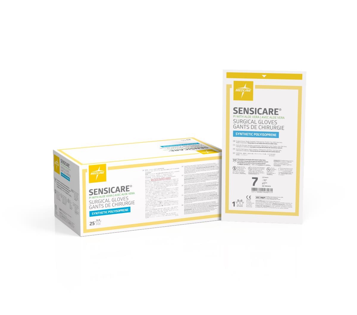 Medline MSG1070Z Sensicare With Aloe Polyisoprene Gloves Size 7 Sterile 25 Pairs