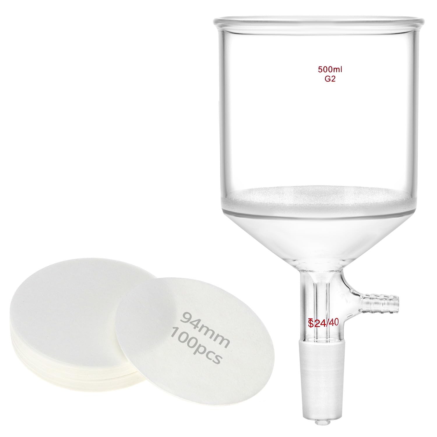 500mL Glass Buchner Funnel G2 Medium Frit 24/40 Joint + 100pc 93 mm Filter Paper