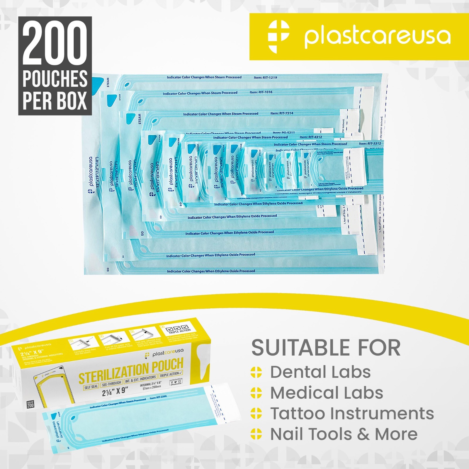 1000 2.25″ x 9″ Sterilization Pouch Dual Indicator Dental Tattoo 7/22 Short Exp