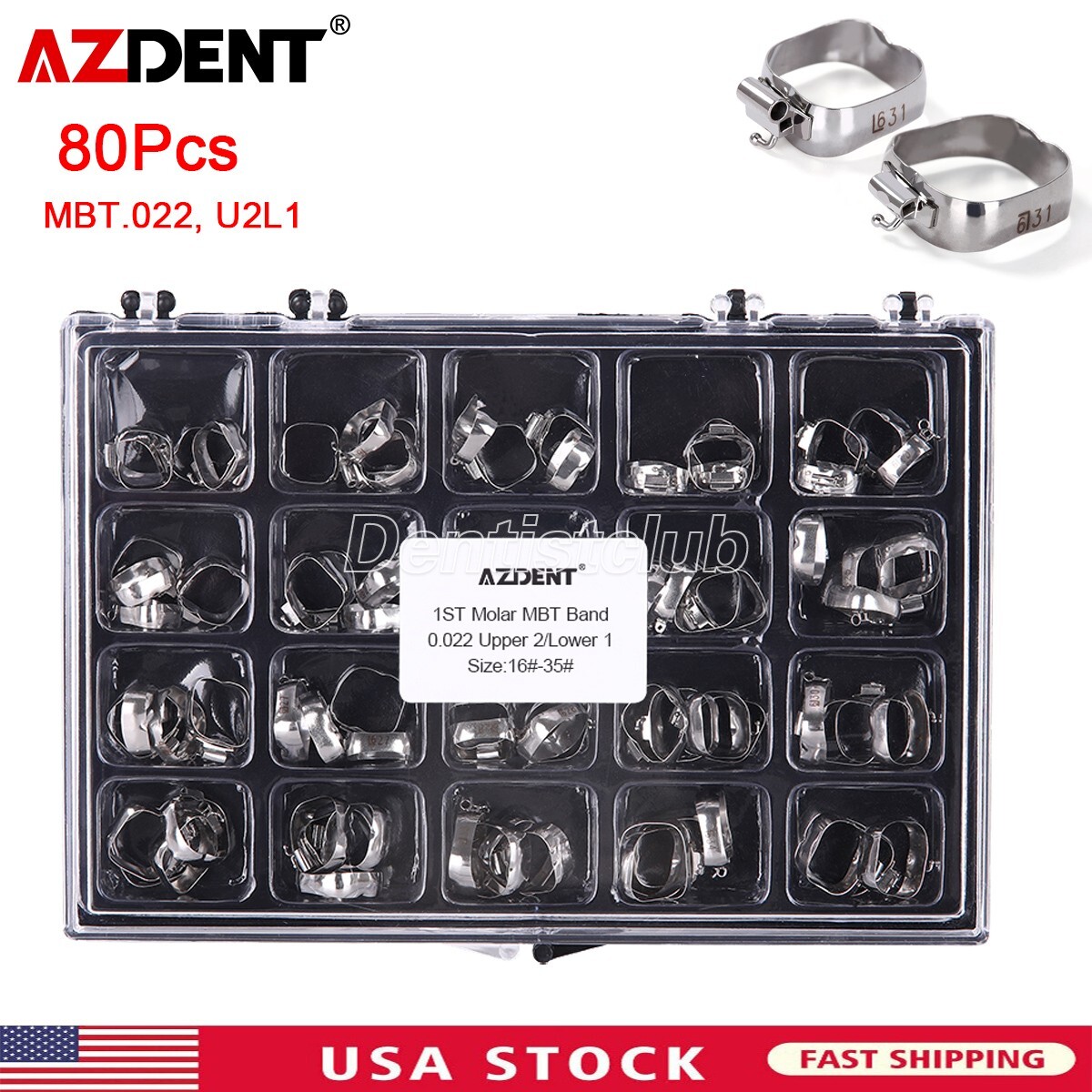 AZDENT Dental Orthodontic 1st Molar Bands Buccal Tube MBT 022 U2L1 16#-35# 80Pcs