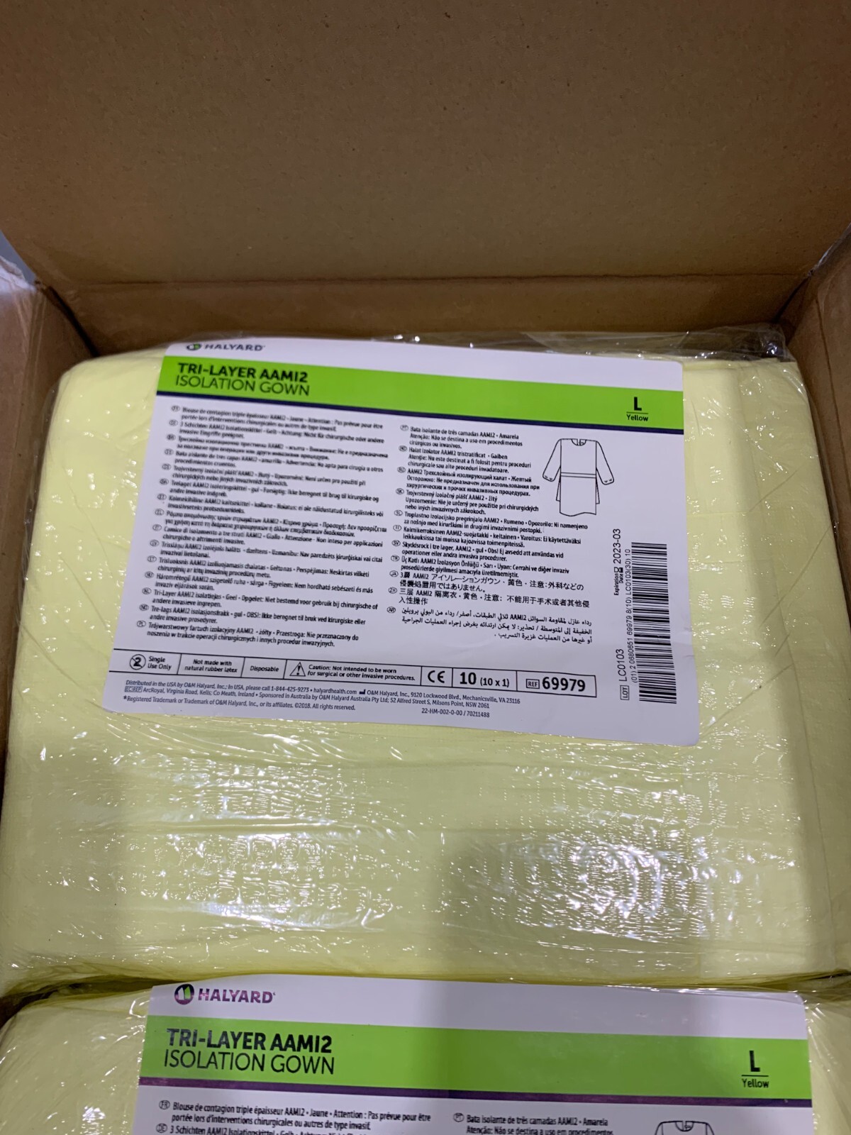 100 Count Case – Halyard Yellow Isolation Gown Tri-Layer AAMI2 Elastic Cuff