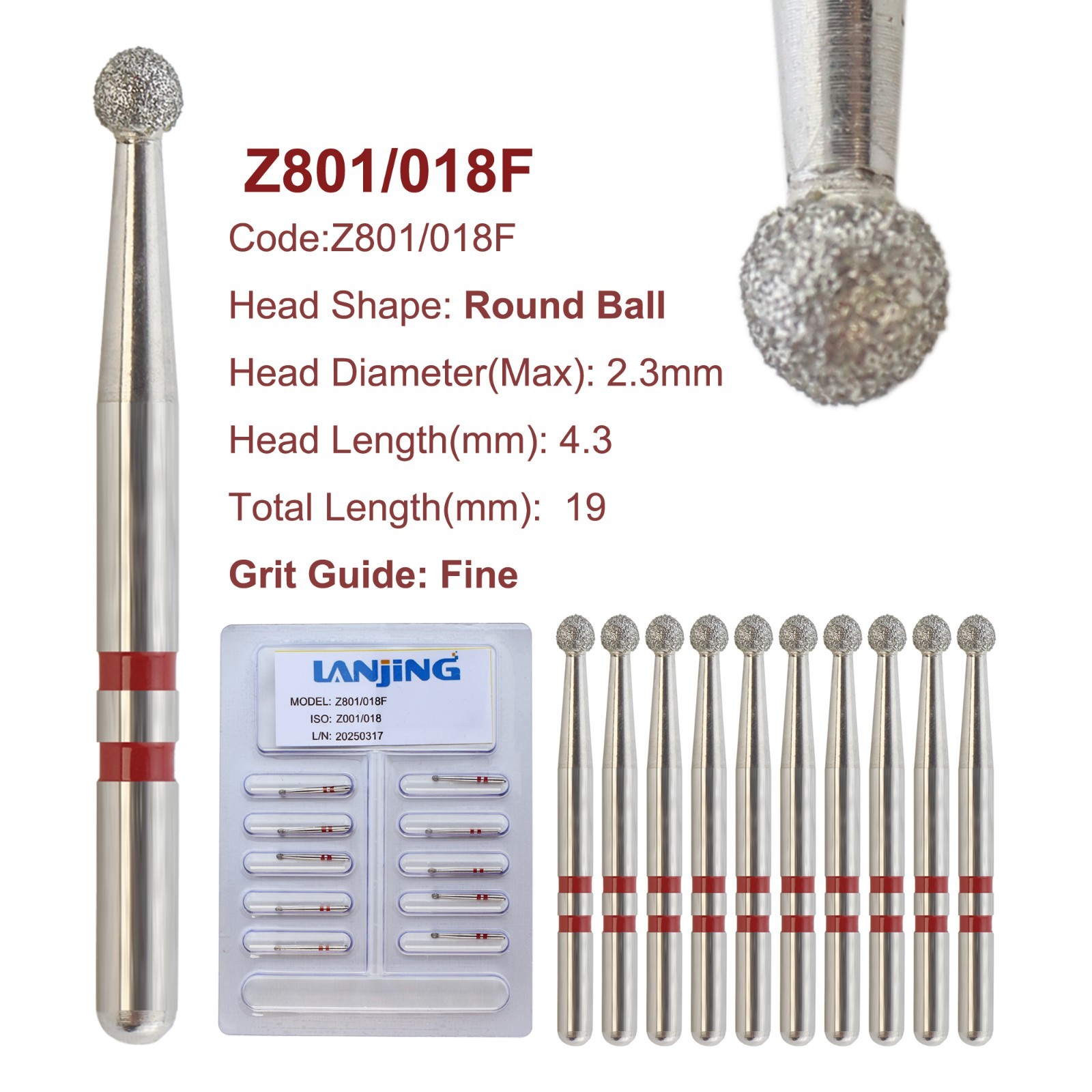 Zirconia Dental Diamond Burs Adjustment Round Ball Fine Grit Medium Z801L/014F