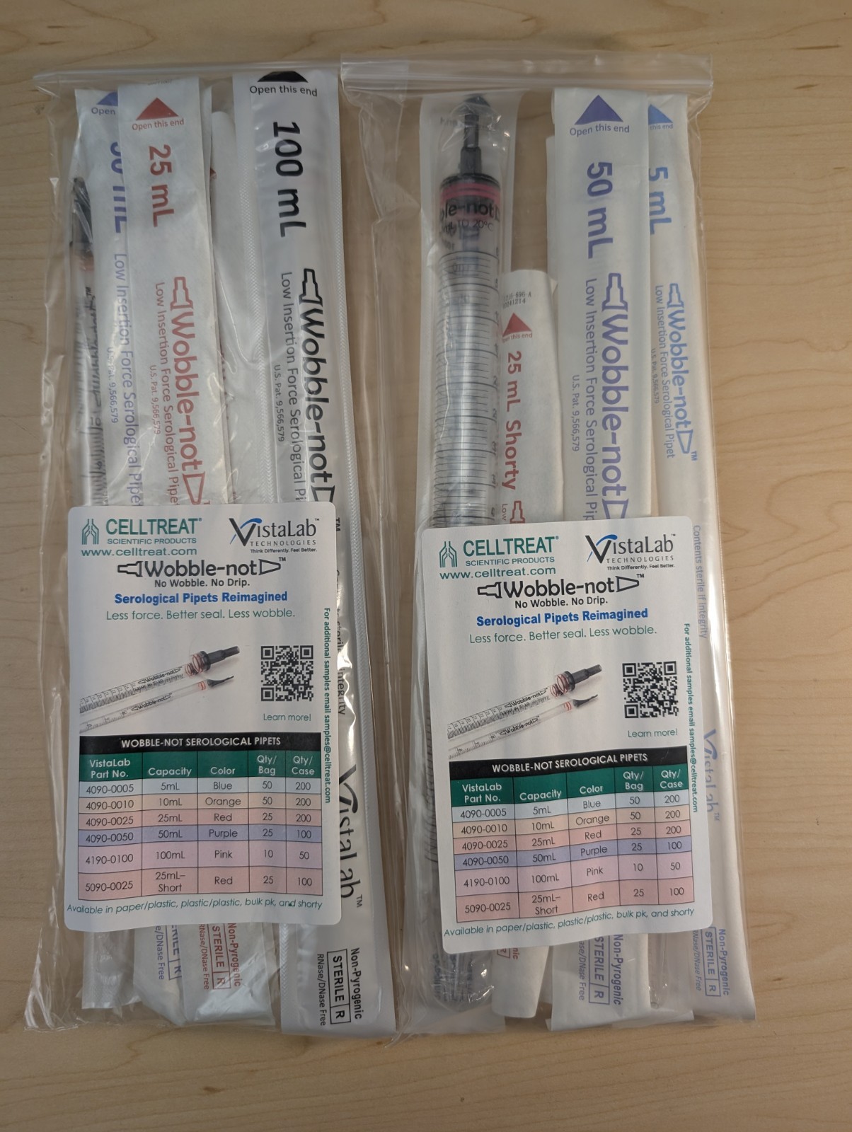 Vistalab Wobble-not serological pipets — 2 variety packs (12 pcs, 5–100 mL