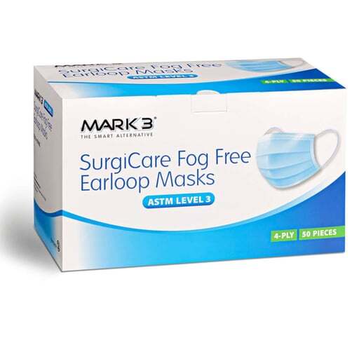 Mark3 1974BL SurgiCare Earloop Face Masks ASTM Level 3 4-Ply Fog Free Blue 50/Bx