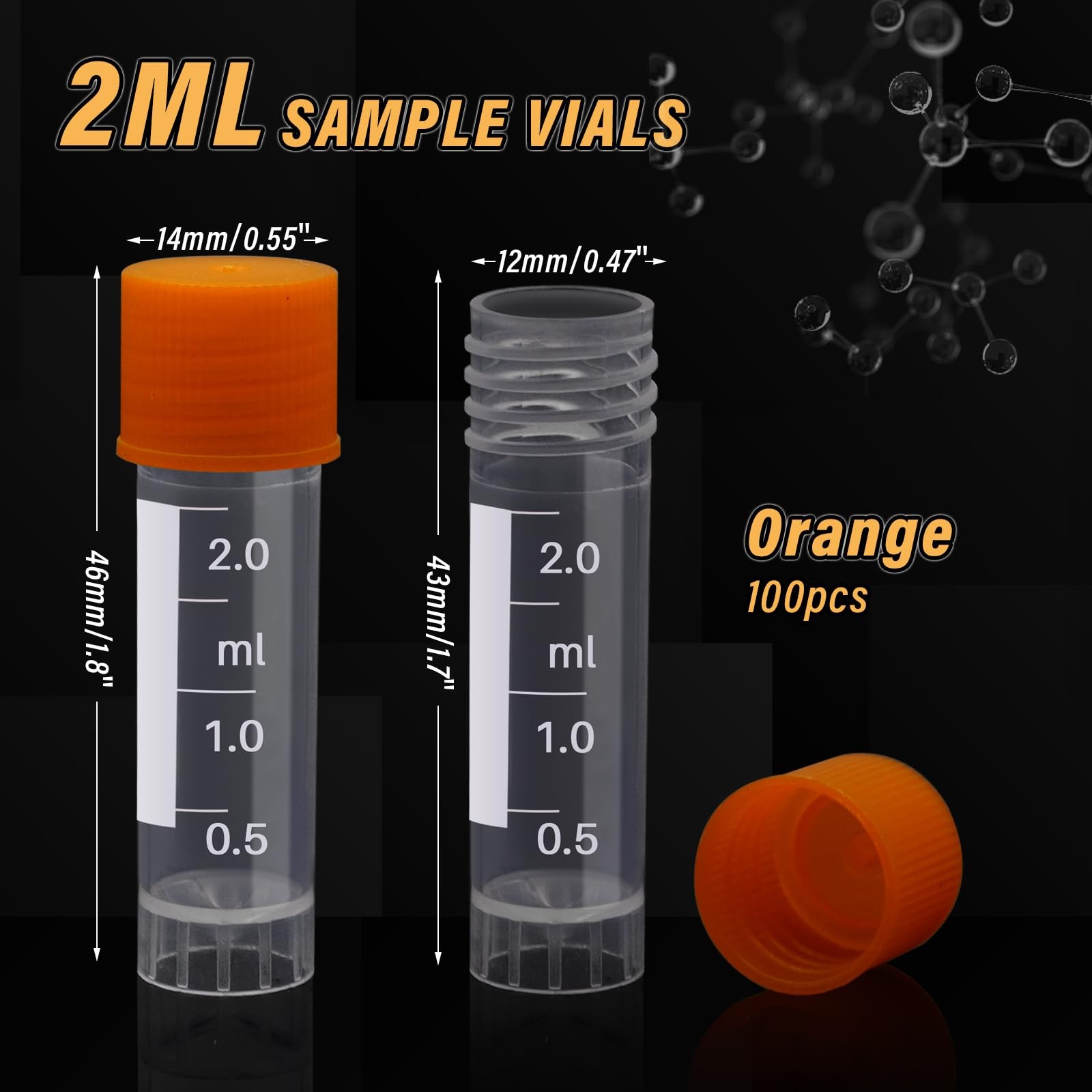 100 PCS 2ml Sample Plastic Centrifuge Tubes Cryogenic Vials Screw Caps Orange