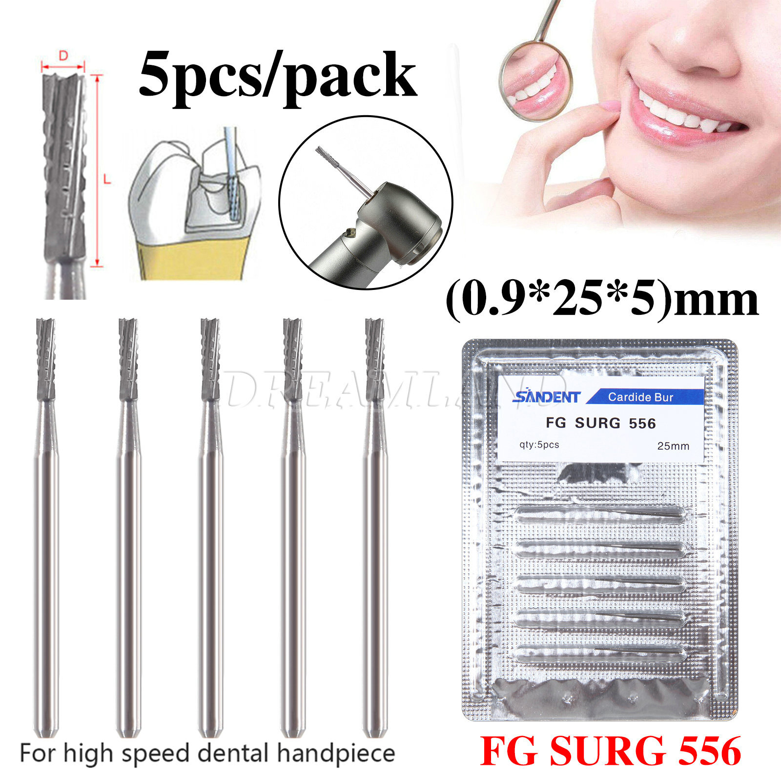 5pcs/set Dental Midwest FG #556 Straight Fissure Crosscut Carbide Burs US STOCK
