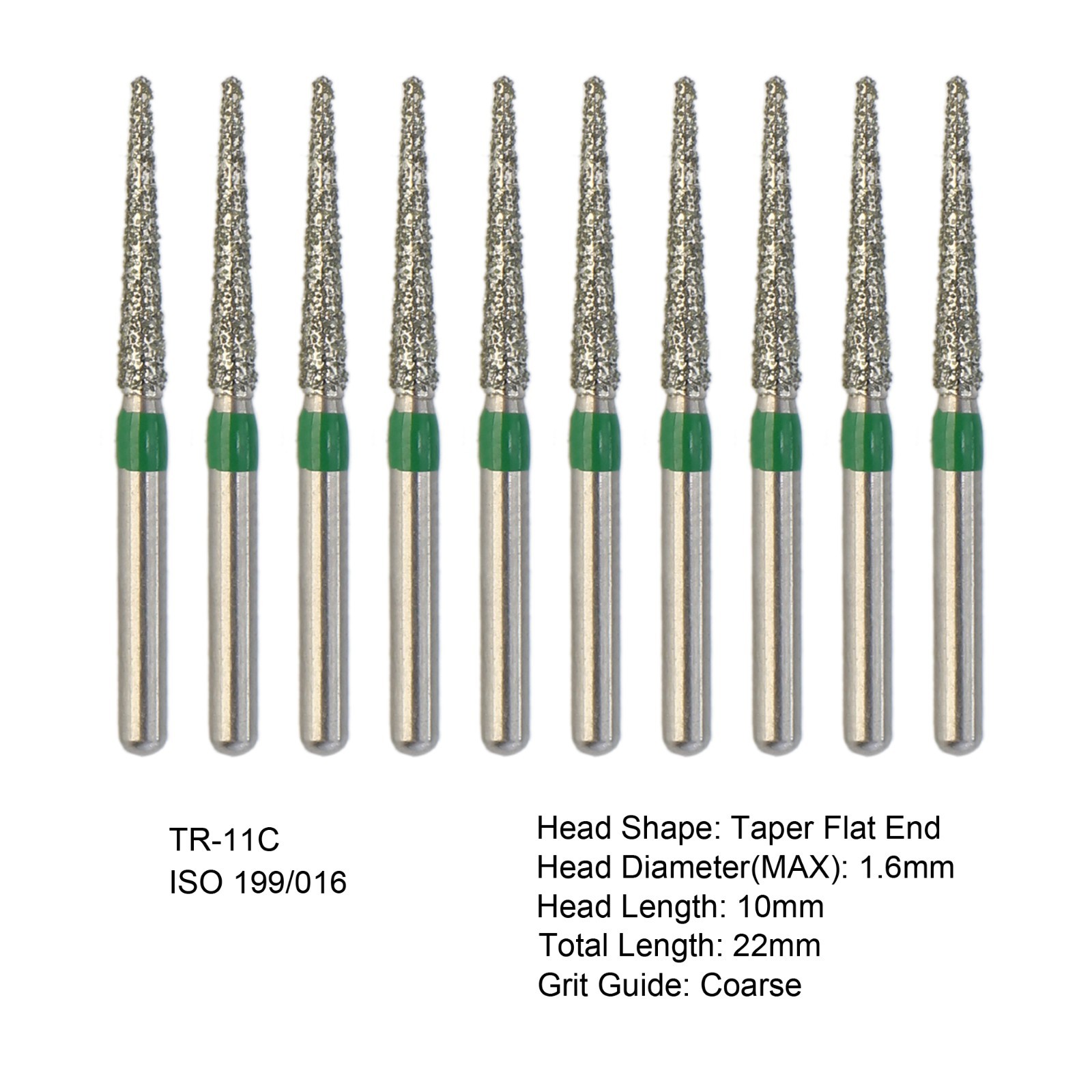 Dental Diamond Burs FG Taper Flat End TR-11C Coarse Grit Green for High Speed