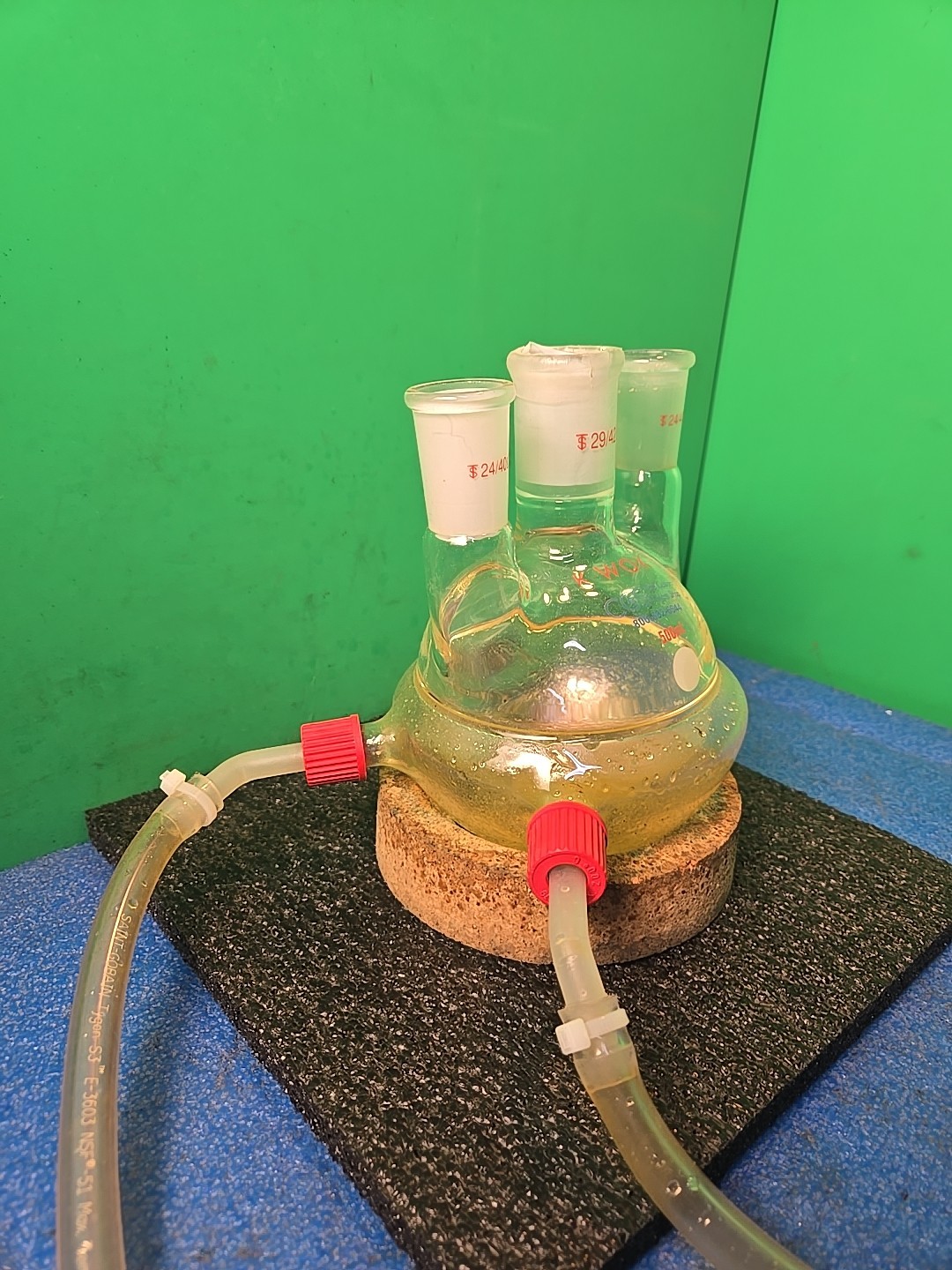 Kimble 500mL 3-Neck Half Jacketed HW Round Bottom Flask 29/42, 24/40,TESTED Good