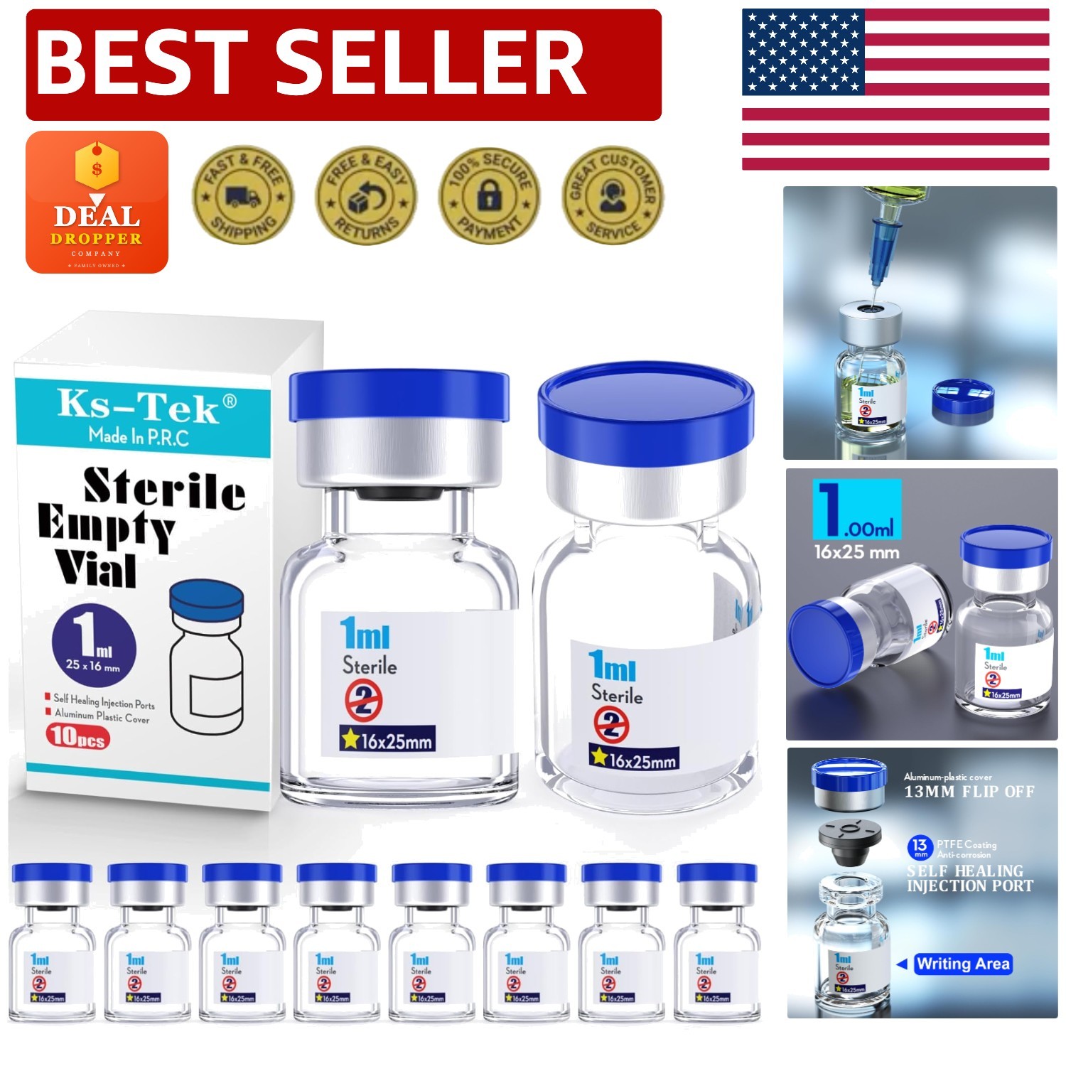 10-Pack 1ml Ks-Tek Sterile Vials with Aluminum Cap & Self-Healing Injection Port