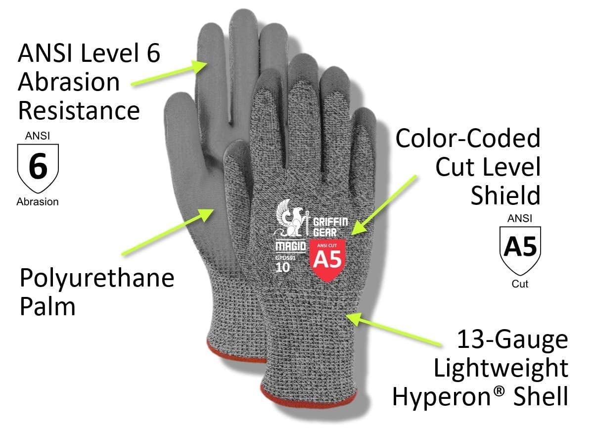 Magid A5 Cut Gloves, Polyurethane Palm, 1 Pair, Size 5/2XS