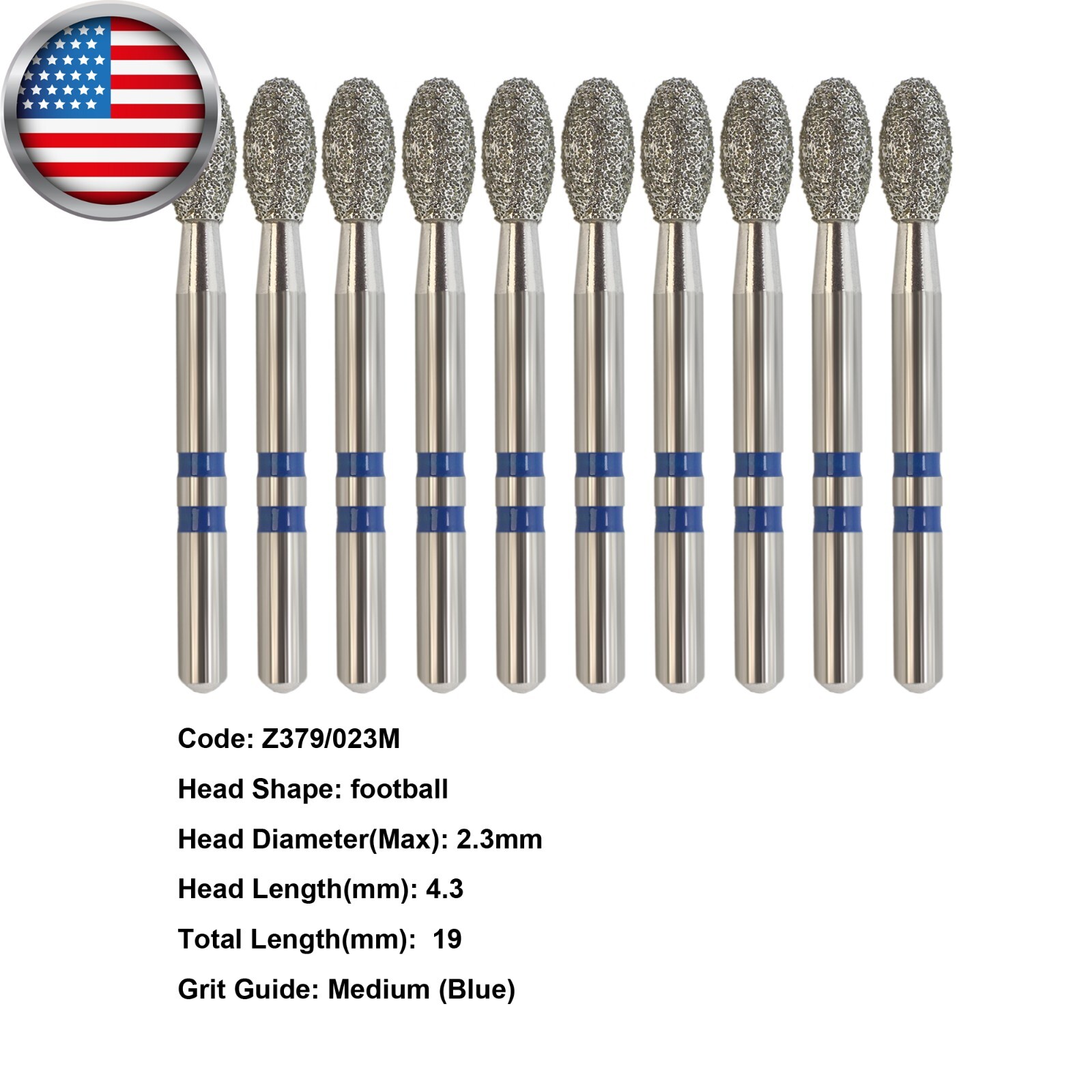 Zirconia Adjustment Diamond Burs Z379/023M FG Football Burr Dental Medium Grit