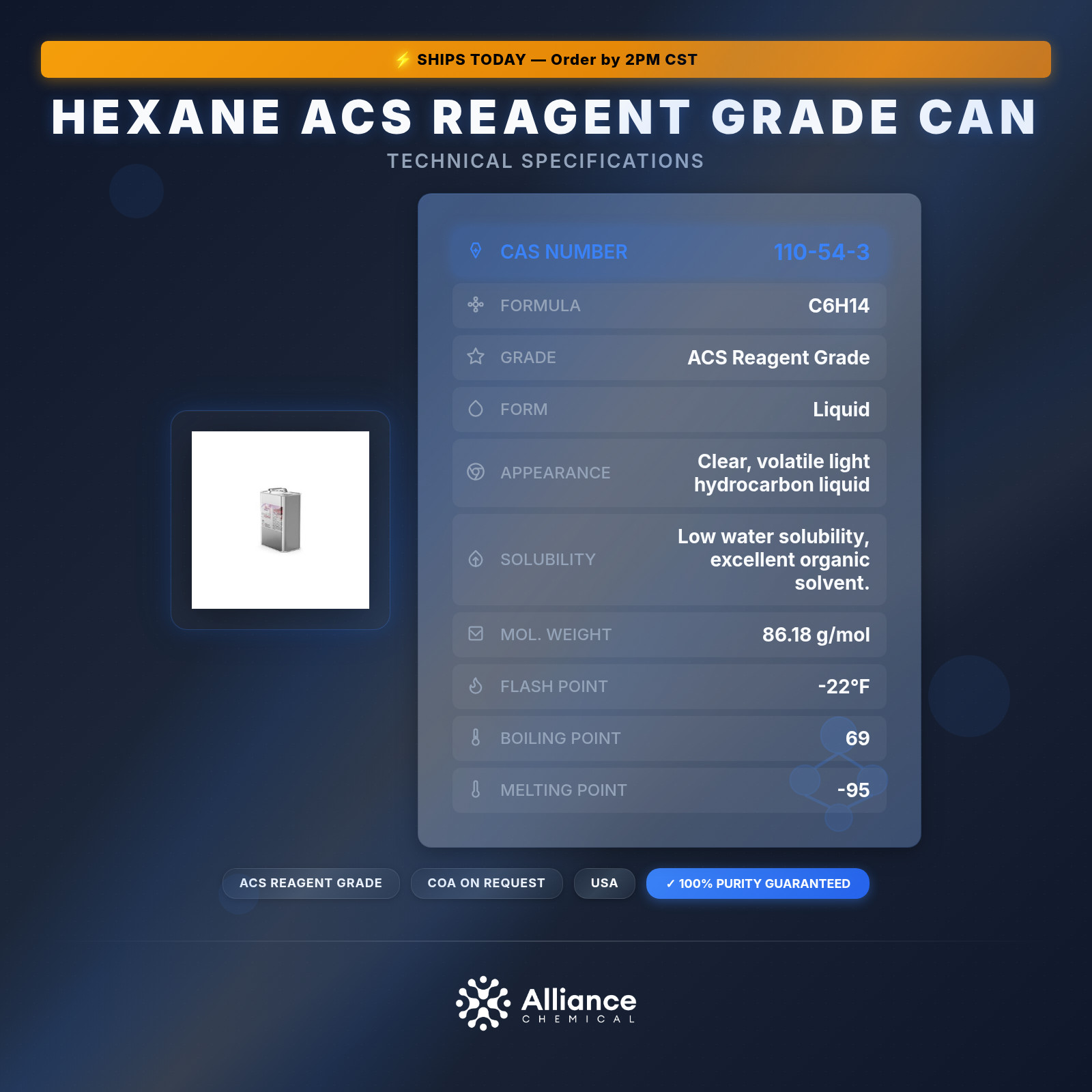 Hexane ACS Reagent Grade – 1 Quart Can