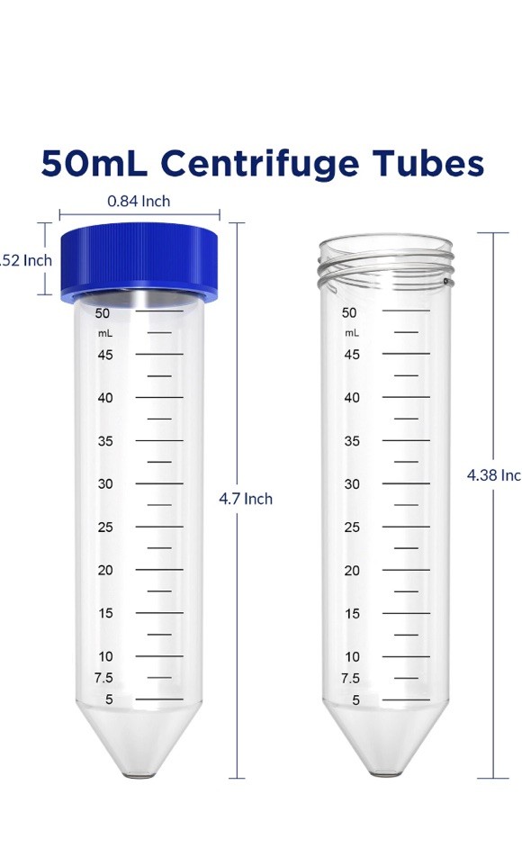 2 Pack of 25 50mL Conical Graduated Plastic Centrifuge with Blue Caps Tubes