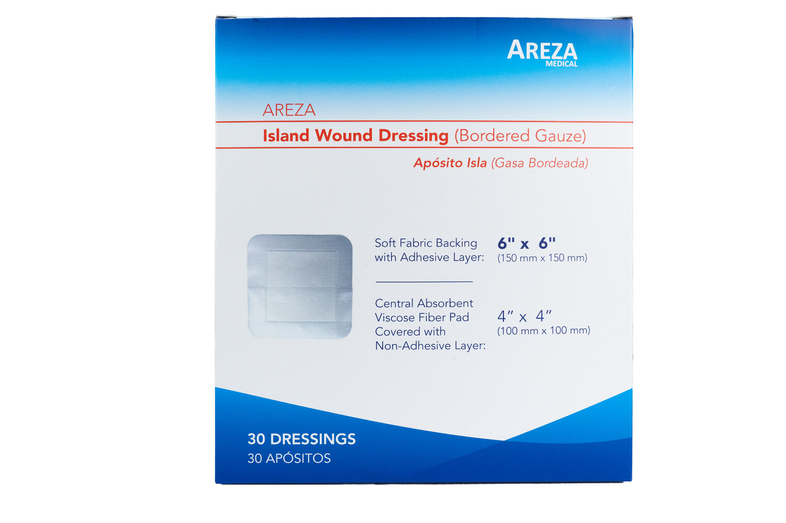 Areza Island Wound Dressing (Bordered Gauze) 6″ x 6″ Sterile (30 Per Box)