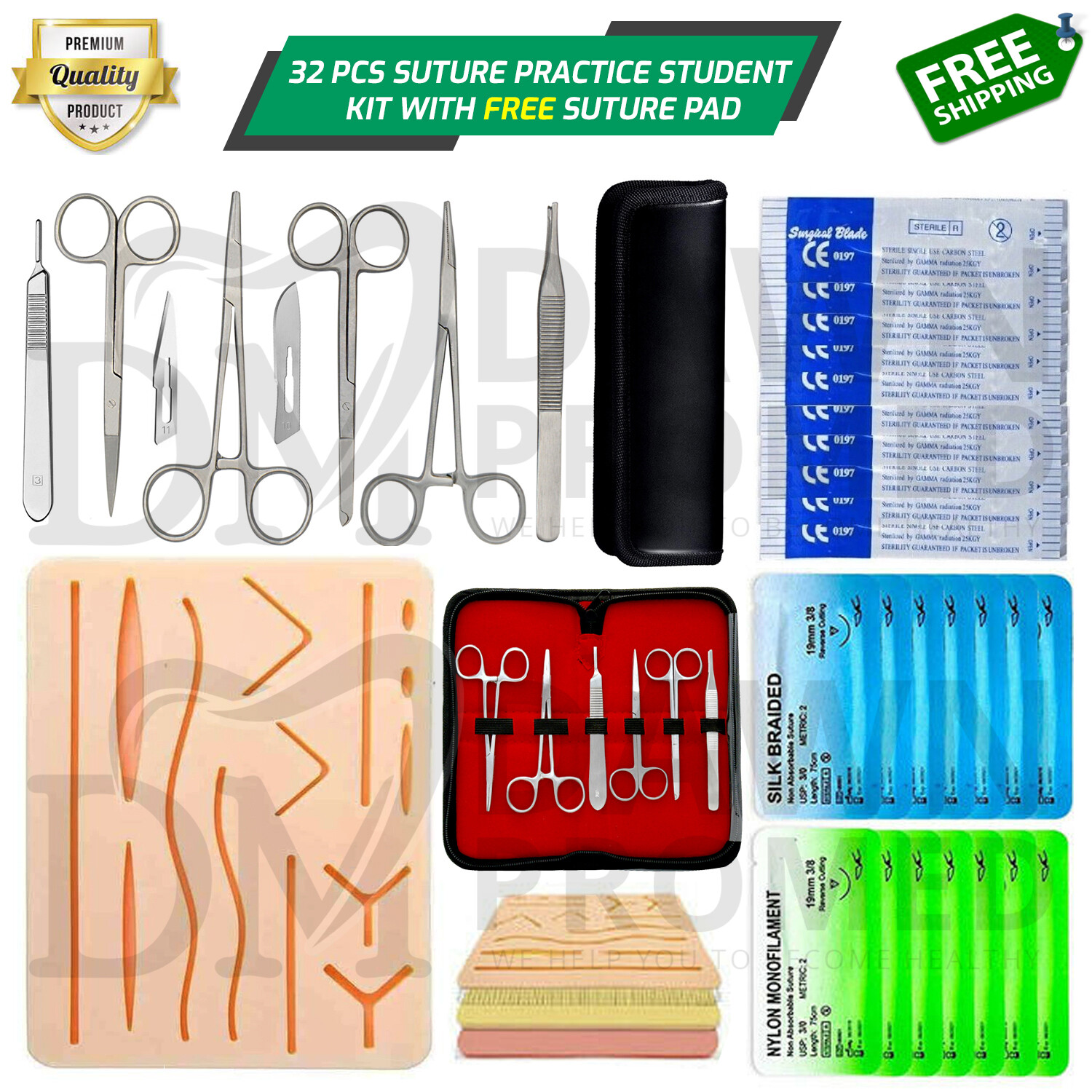 32 Pieces Practice Suture Kit With Pad Medical Student Veterinary Inst German Gr