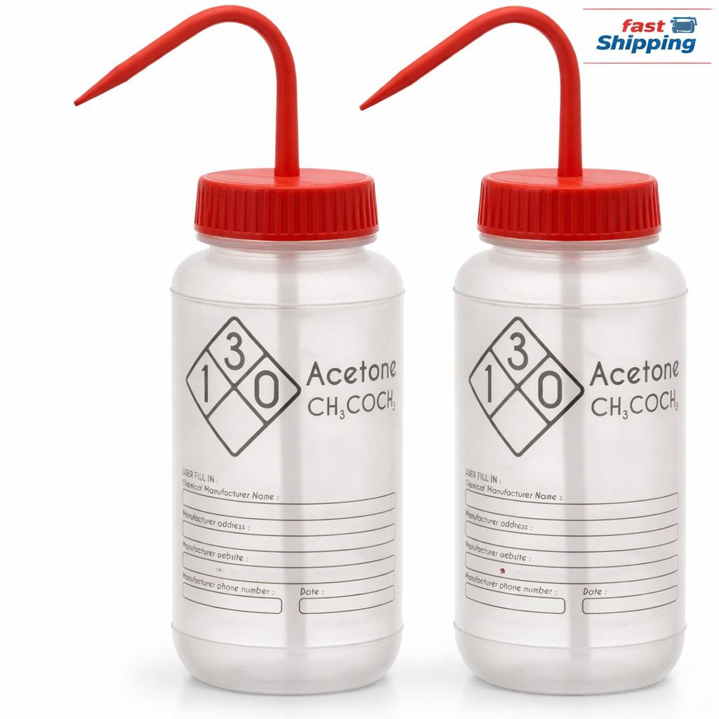 2 Pack 500ml Acetone Wash Bottles LDPE Wide Mouth Self Venting Chemical Labels