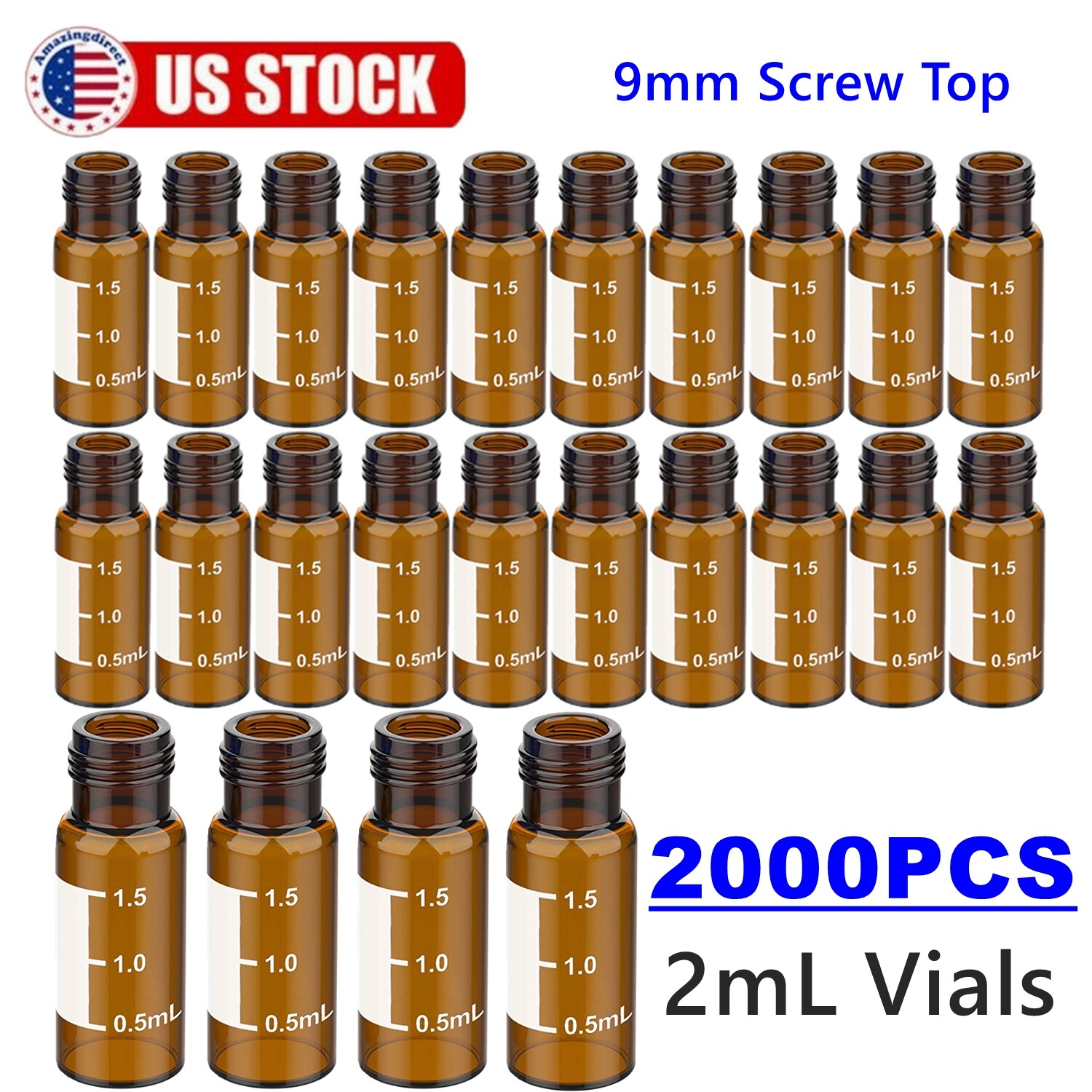 2000pcs 2mL Amber Autosampler Vials 9-425 Screw Top 9mm Sample Glass Bottles Lab