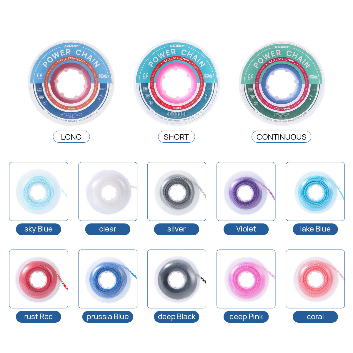 AZDENT Dental Orthodontic Elastic Power Chain Colored Long/Short/Continue 15ft