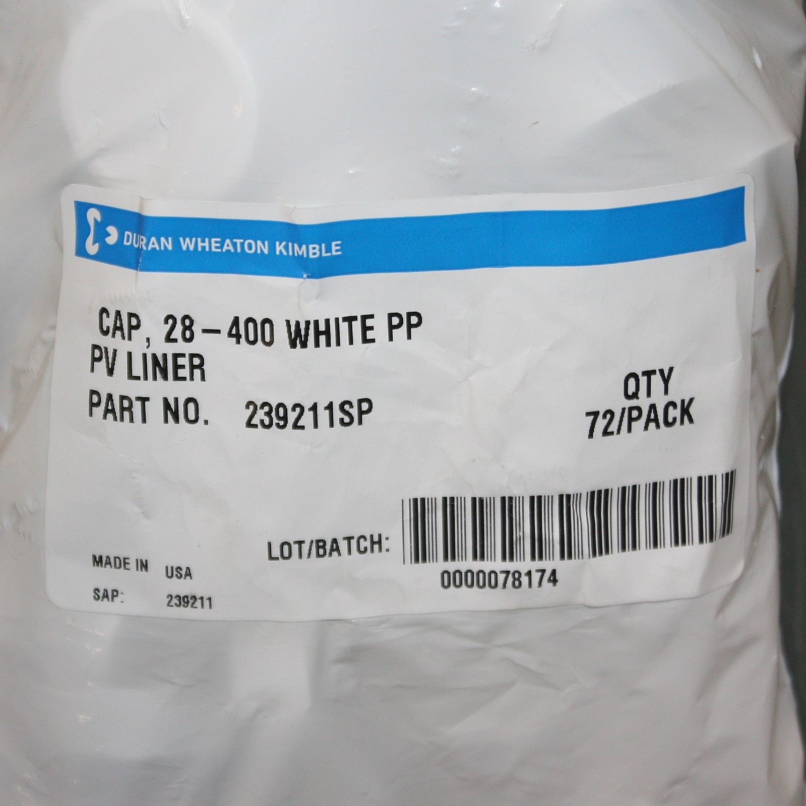 (432) Duran Wheaton Kimble Screw Caps 239211, 28-400 mm Diameter, White PP