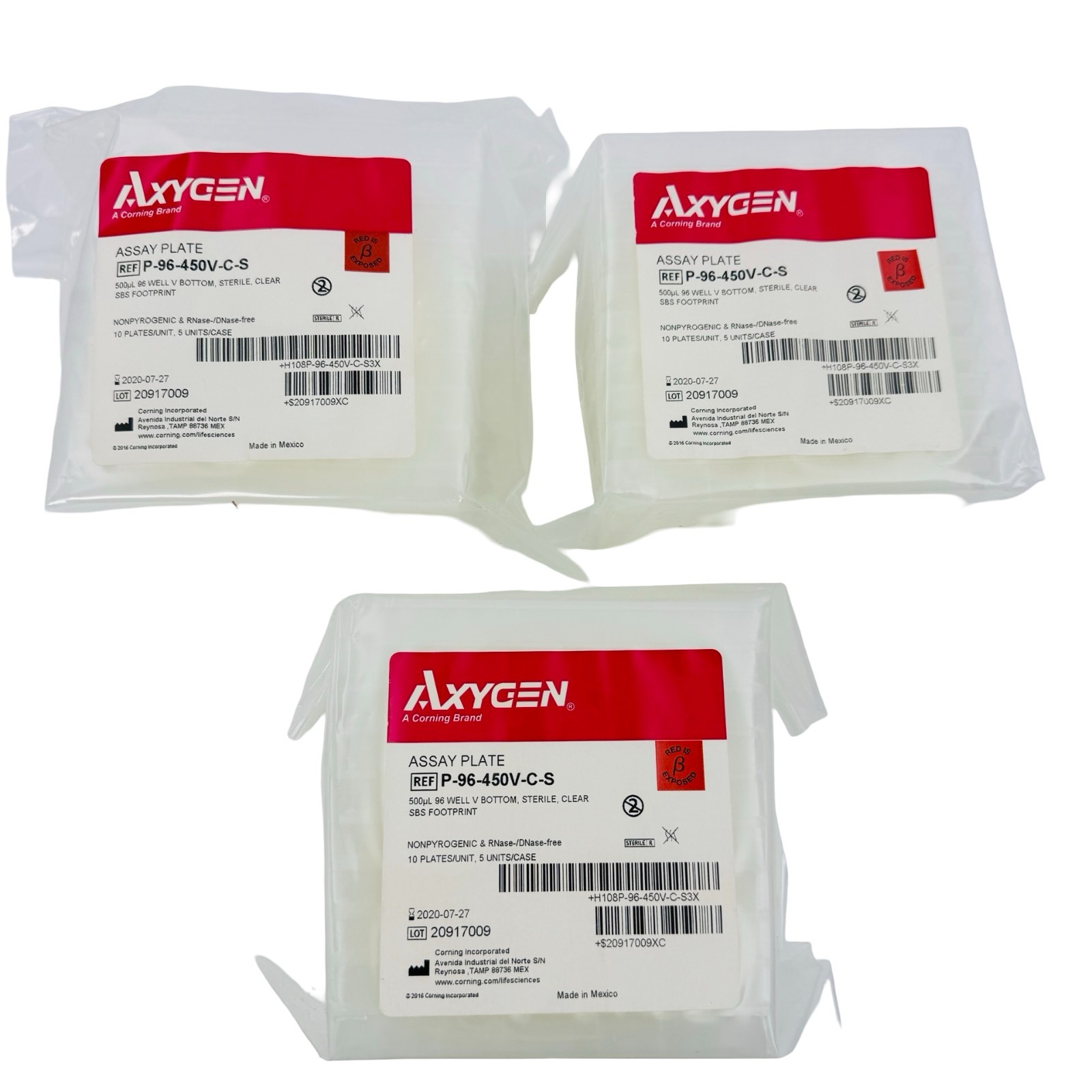 3 Pack Axygen 96 Well Assay Plate P-96-450V-C-S Sterile Clear V-Bottom