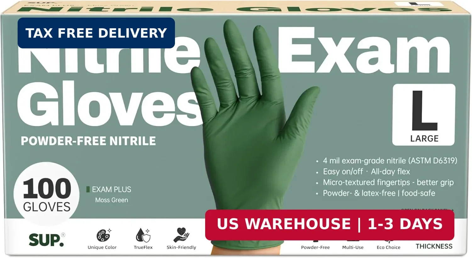 SUP Powder-Free Nitrile Gloves, 100 Count Food Safe Latex-Free Disposable Gloves