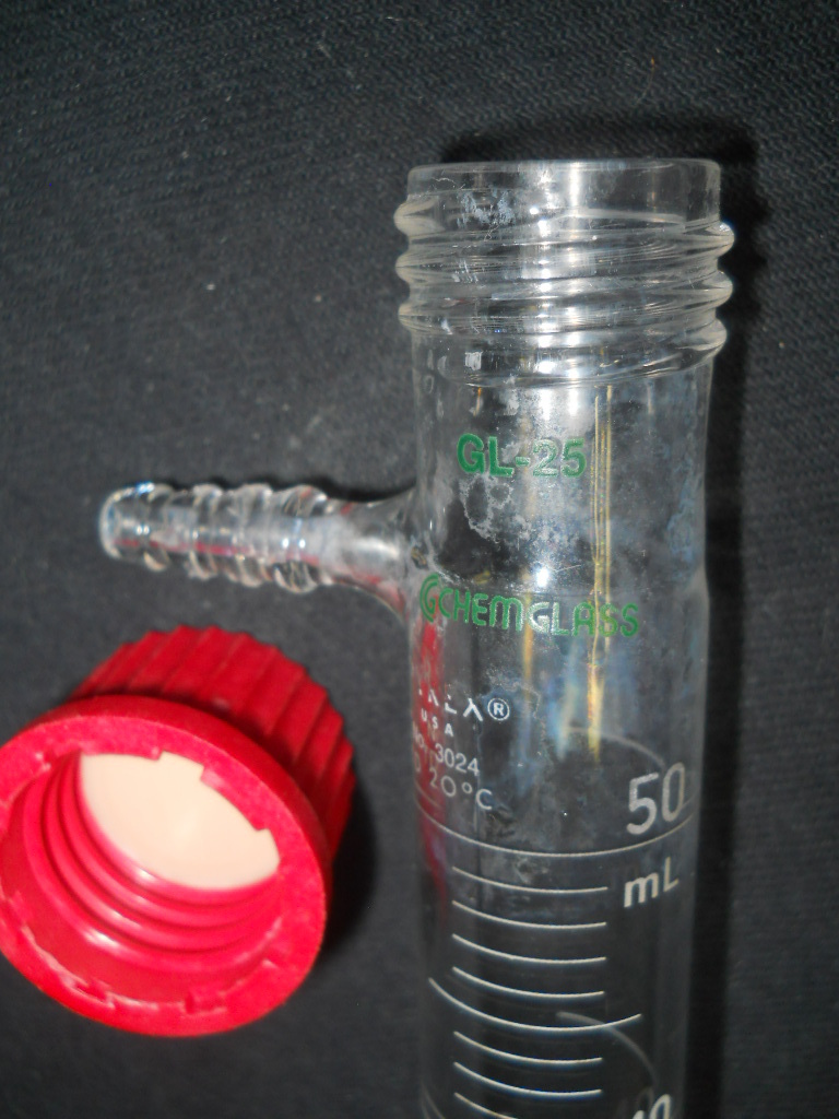 Chemglass Pyrex Glass 50mL TD Graduated Cylinder Gas Drying Column & GL25 Cap