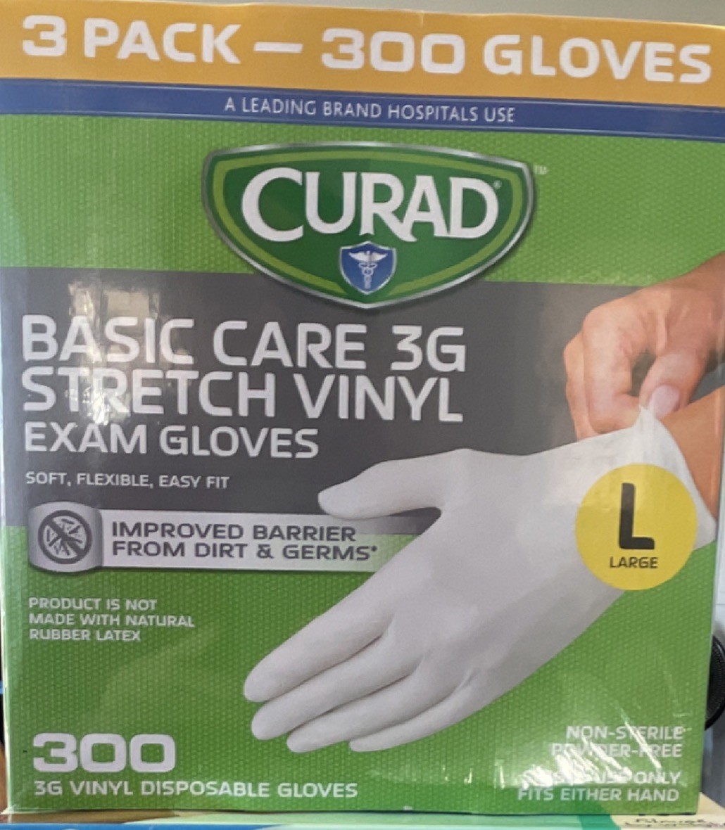 CURAD Basic Care 3G Stretch Vinyl Exam Gloves Large Powder-Free 300 Gloves