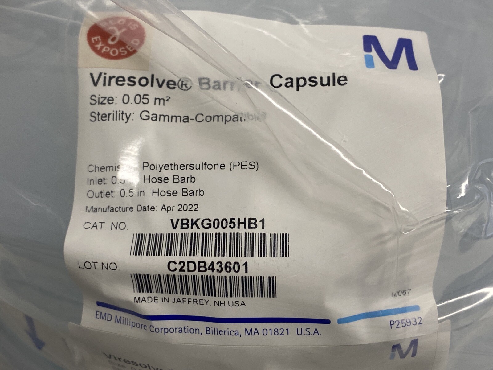 MILLIPORE Viresolve Barrier Capsule Filter 0.05m2 PES 1/2” HB VBKG005HB1