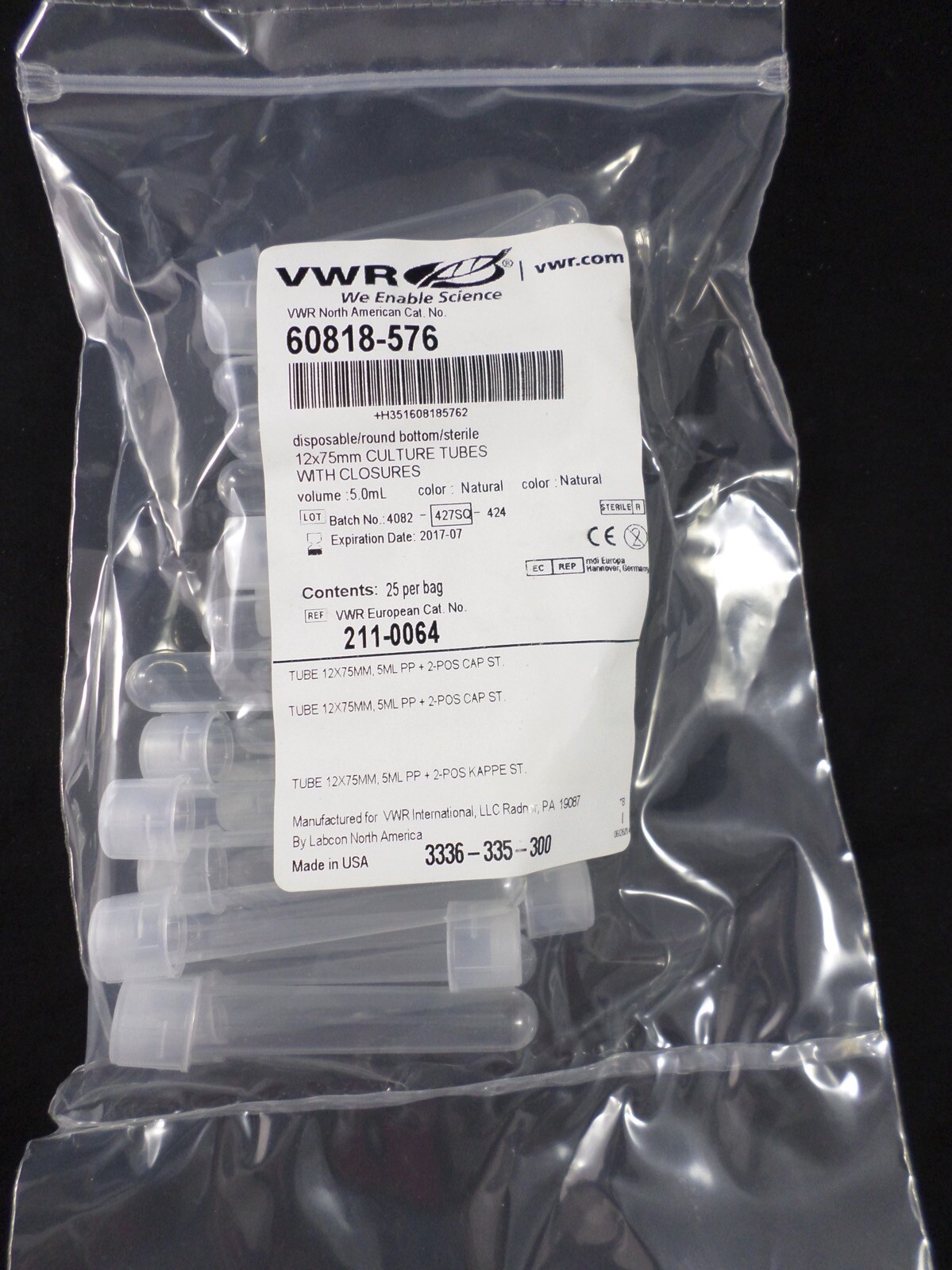 VWR 5mL 12 x 75 mm Round Bottom Culture Tubes Disposable Sterile w/ Closures