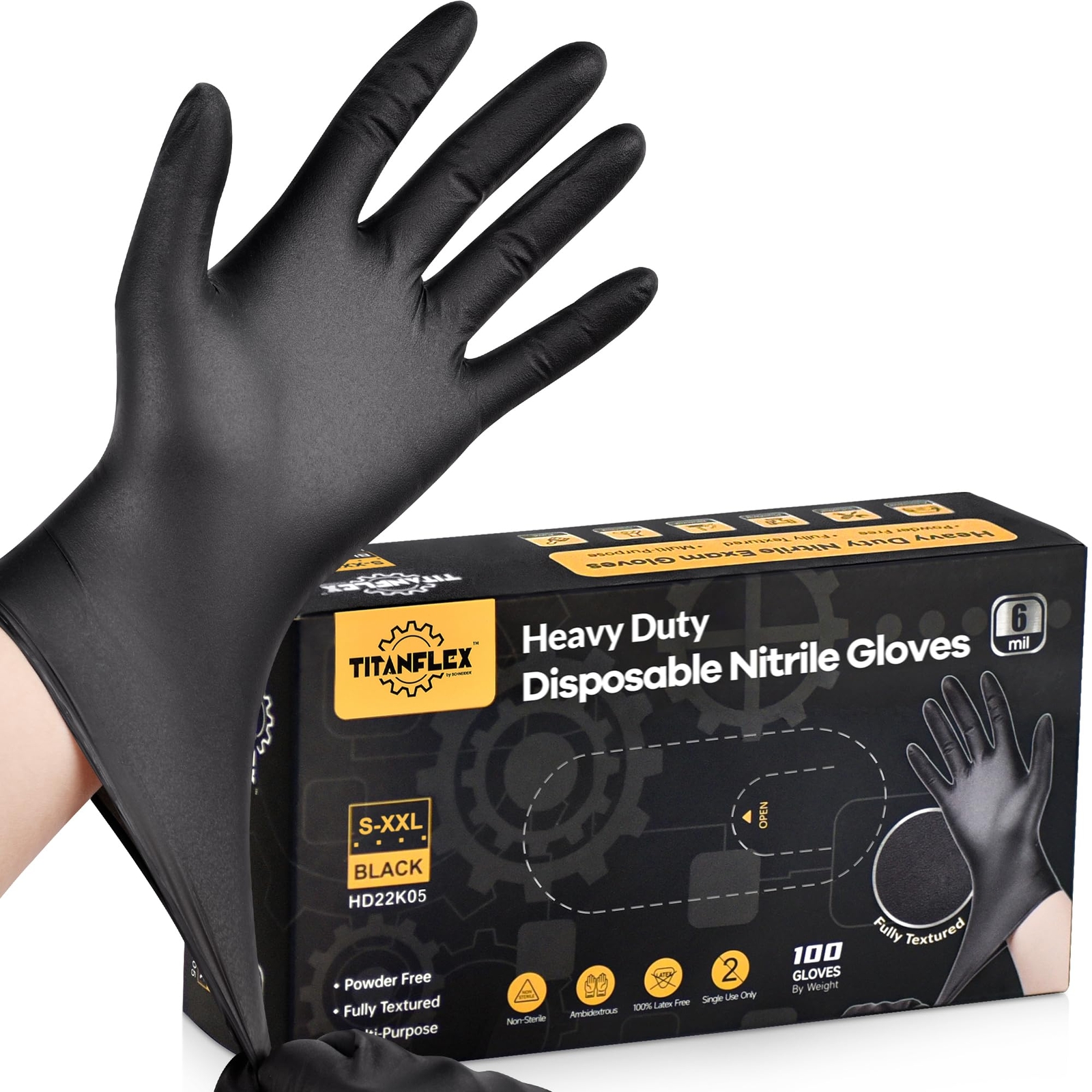 Heavy-Duty 6-mil Black Nitrile Gloves Medium Box of 100 Disposable Gloves Ful…