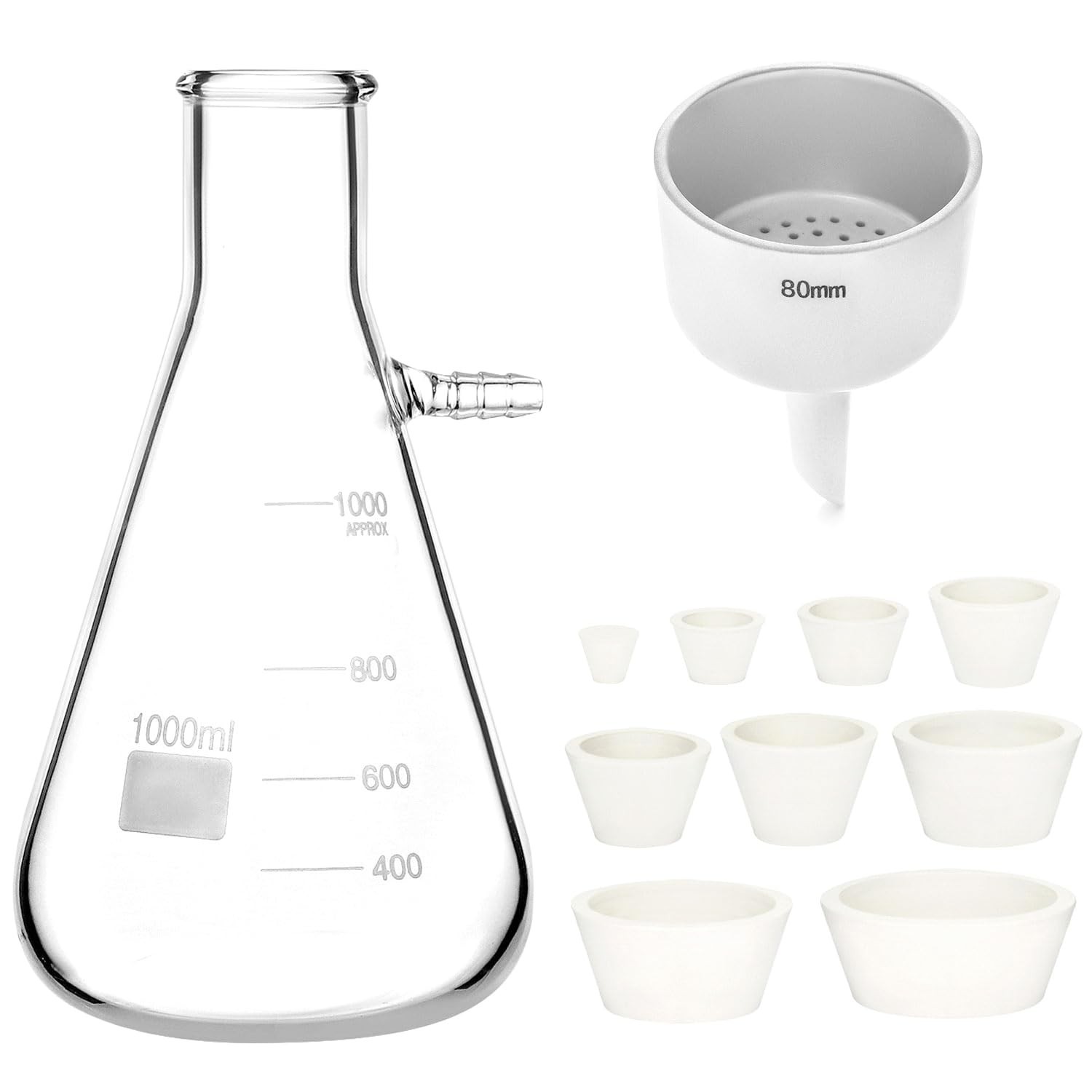 Buchner Funnel Kit 1000ML Borosilicate Glass Filter Flask with Sidearm 80mm