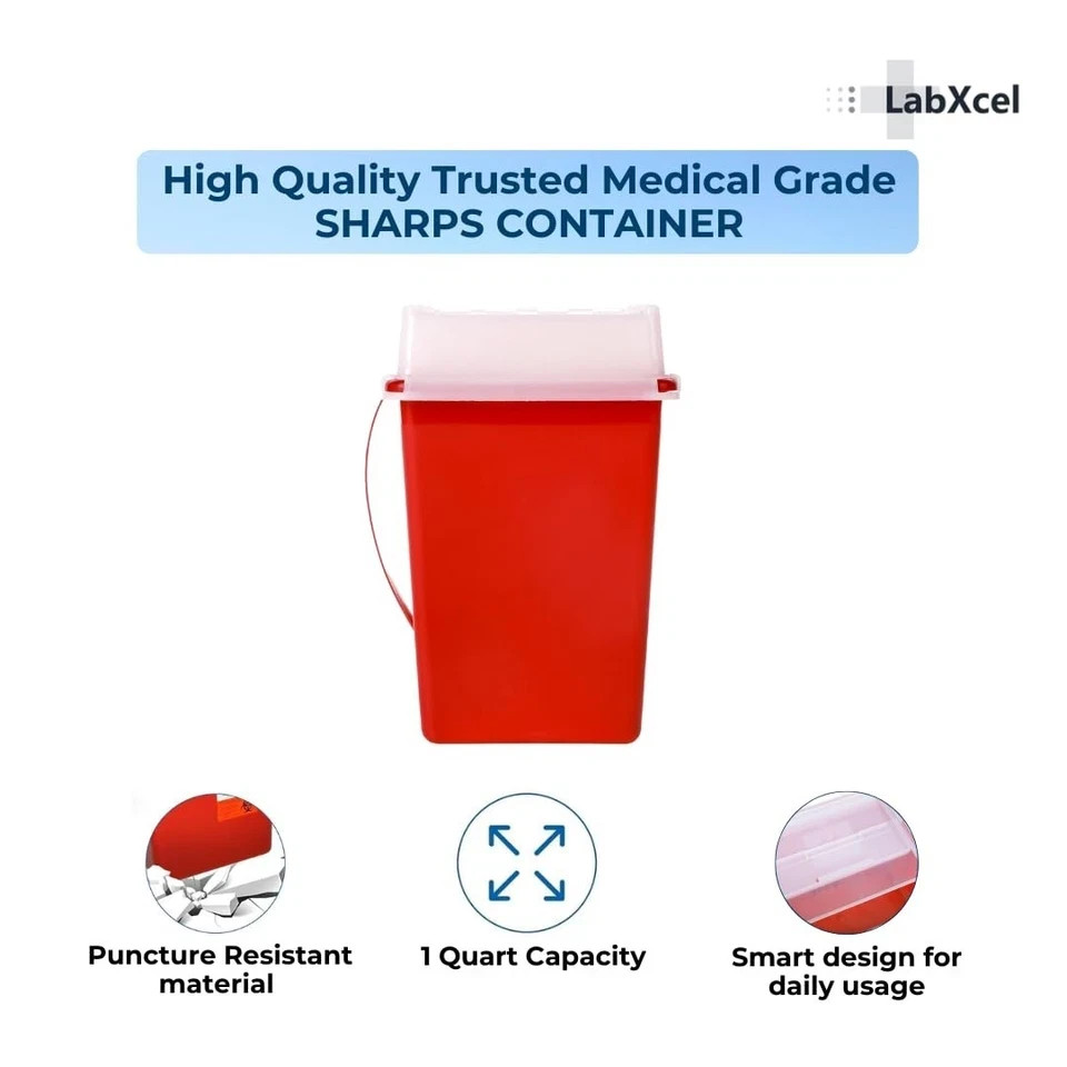LabXcel 1 Quart Polypropylene Sharps Container Red Needle Disposal Bin 2pcs