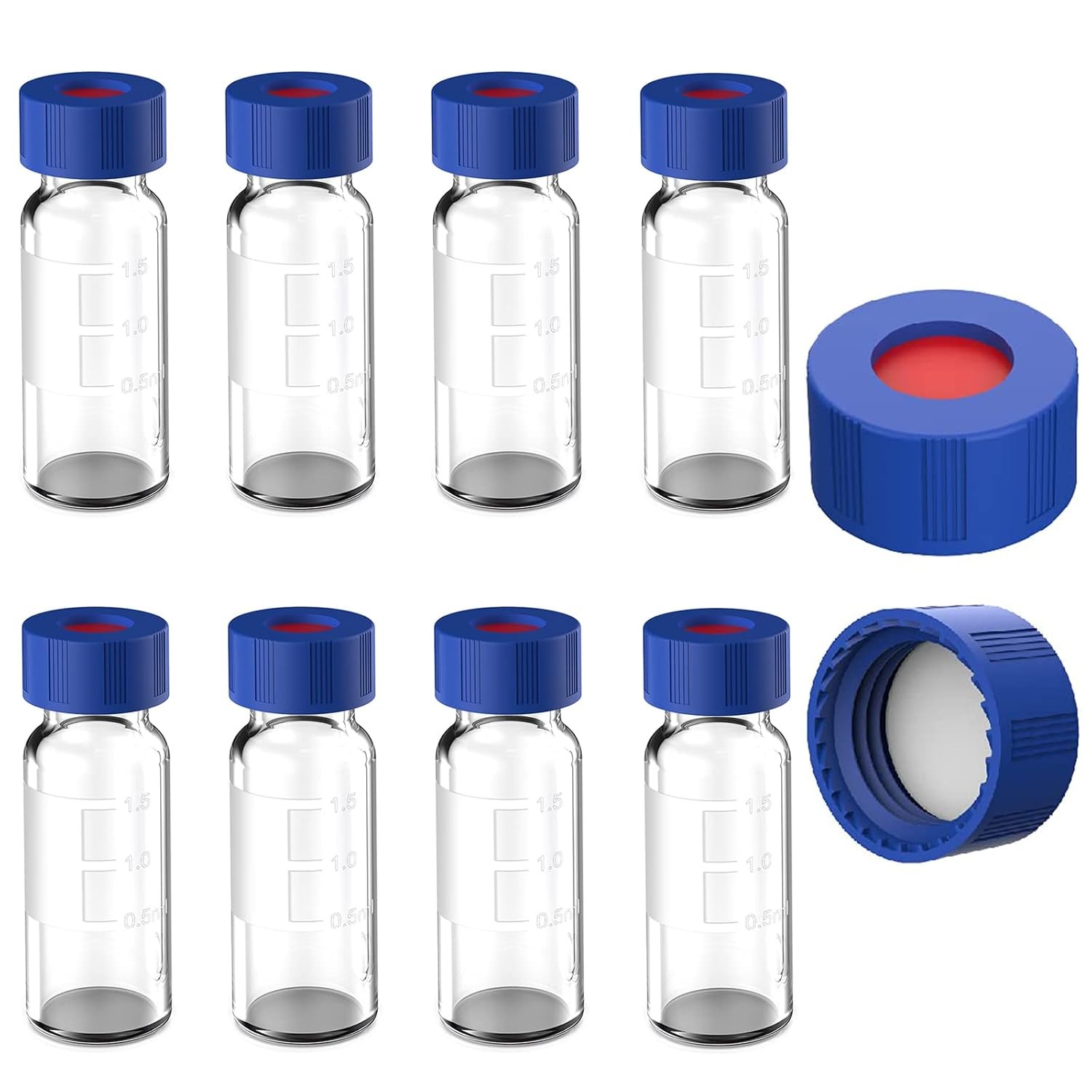 1000Pcs 2ml Autosampler Vial Transparent Sample Bottle with Blue Screw Caps US