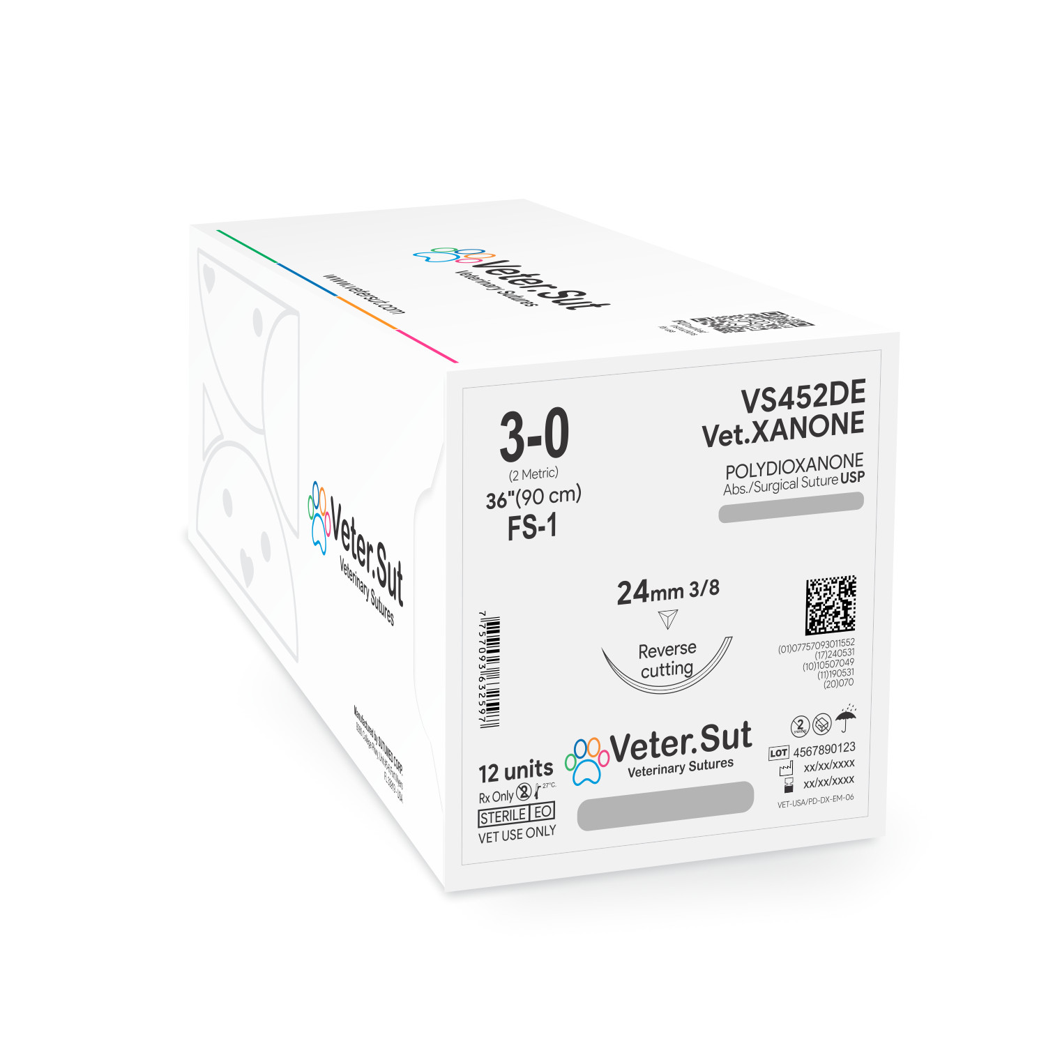 Vetersut VetXANONE Polydioxanone, USP 3-0, 3/8 reverse cutting 24mm Suture