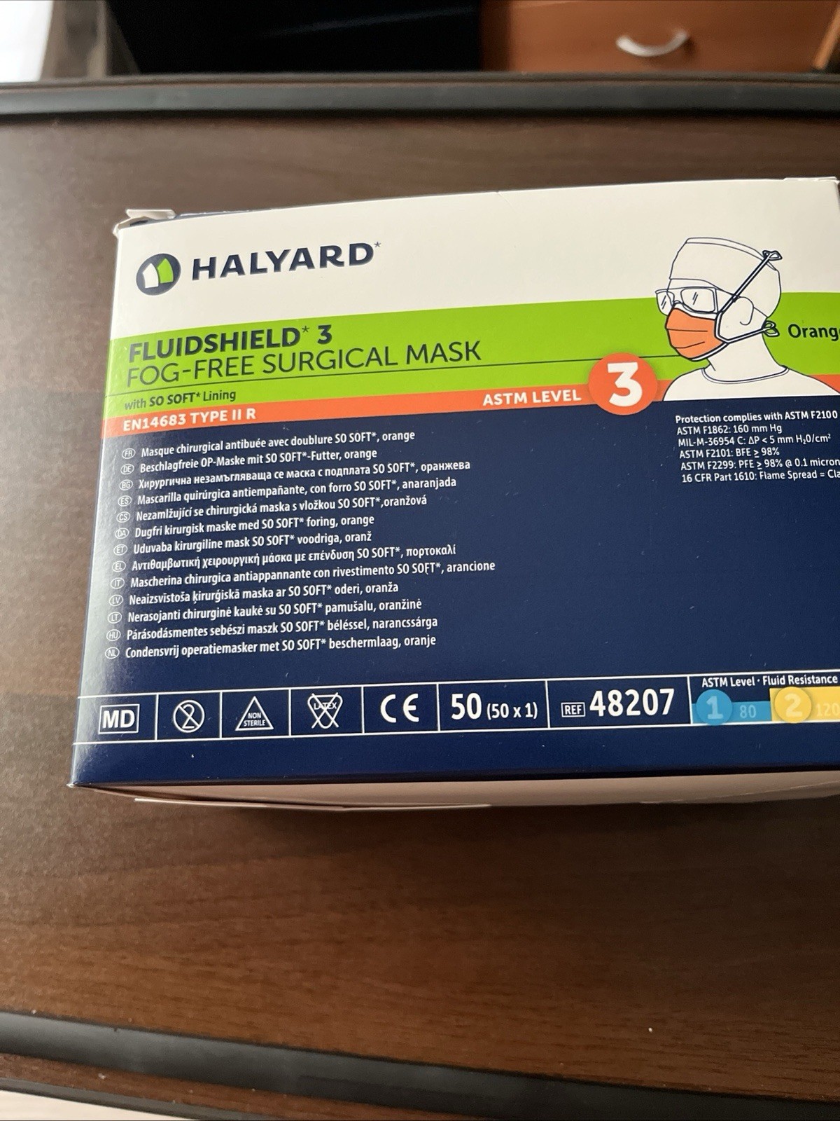 *50-Pieces* Halyard FluidShield ASTM Level 3 Fog-Free Surgical Face Mask 48207