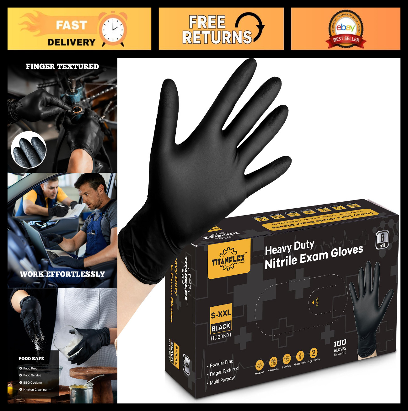 Heavy Duty Disposable Nitrile Exam Gloves – 6-mil, Black, Latex-Free, Food Safe