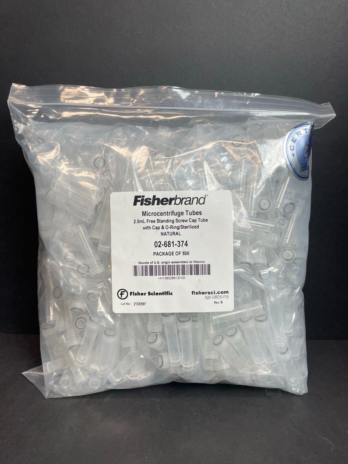 Fisher Scientific Centrifuge Tube 2 ml with Screw Cap Free Standing 500 Tubes