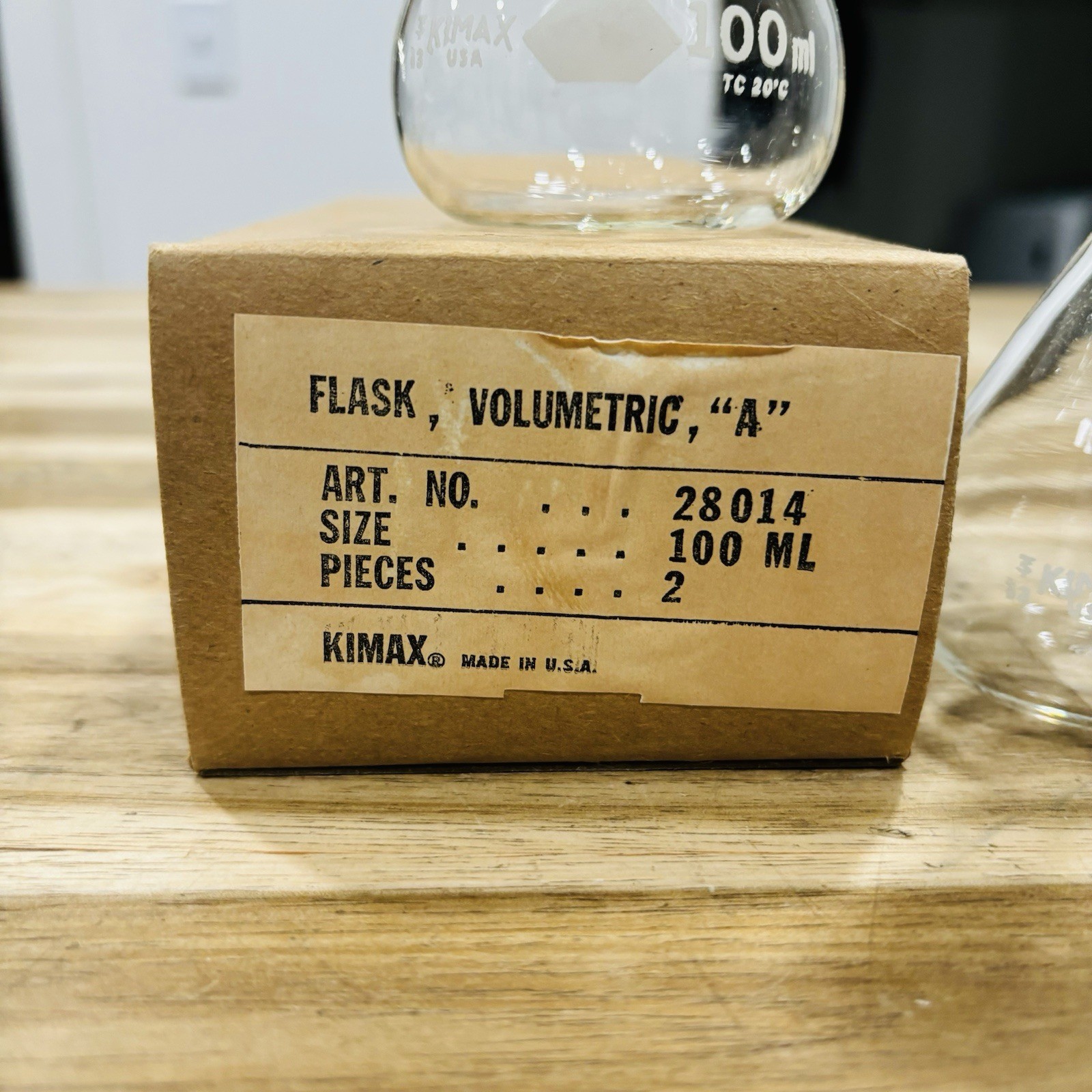 2 KIMAX 100 mL Class A Glass Volumetric Flask #13 Stoppers Vintage Made in USA
