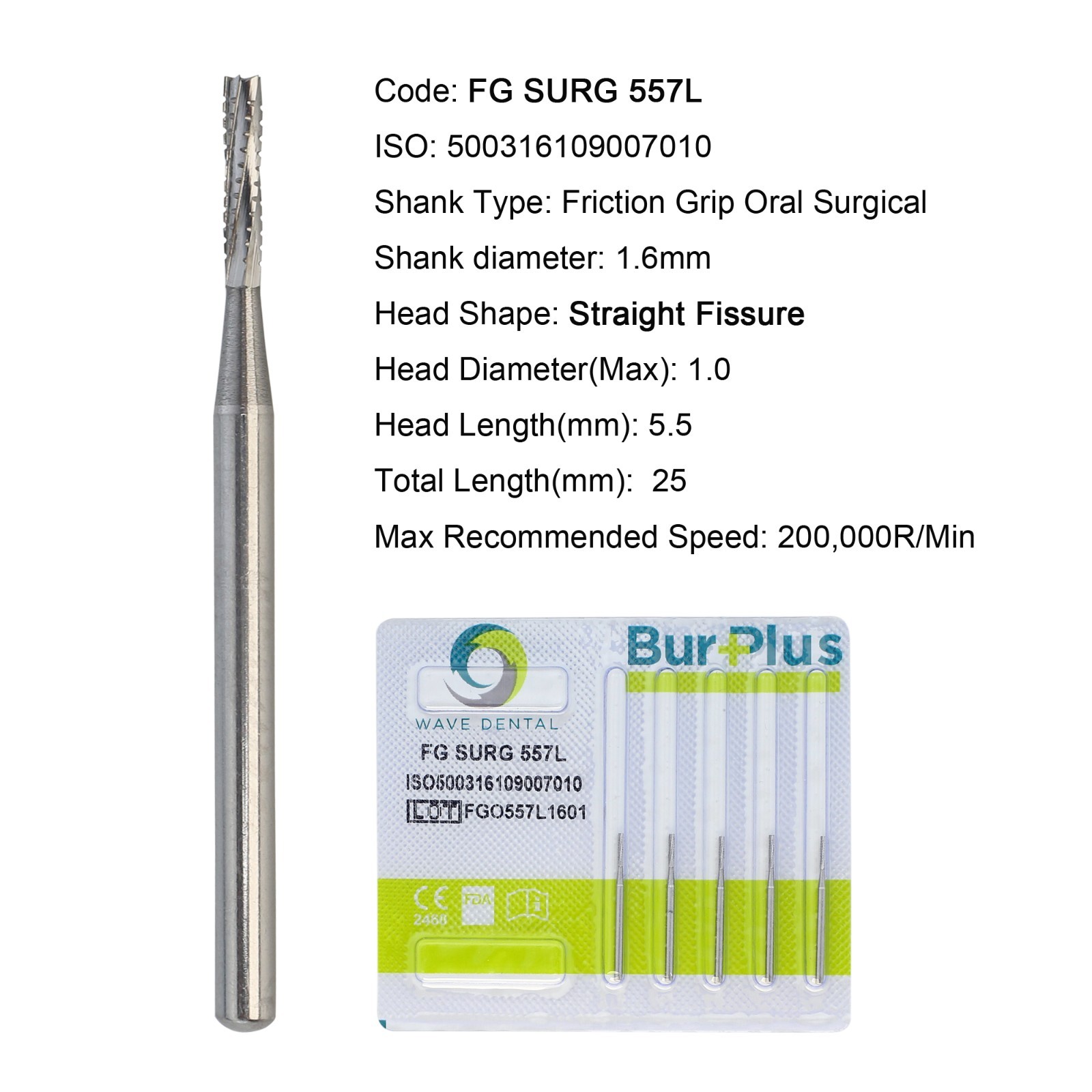 Wave Dental Surgical Carbide Burs FG SURG 557L Long Head Straight Fissure 25mm