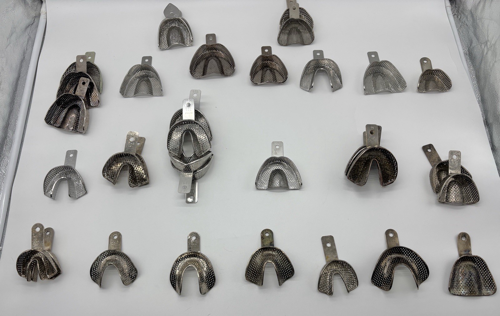 35 Vintage COE Dental Impression Trays Stainless Steel Perforated Lot Patterson