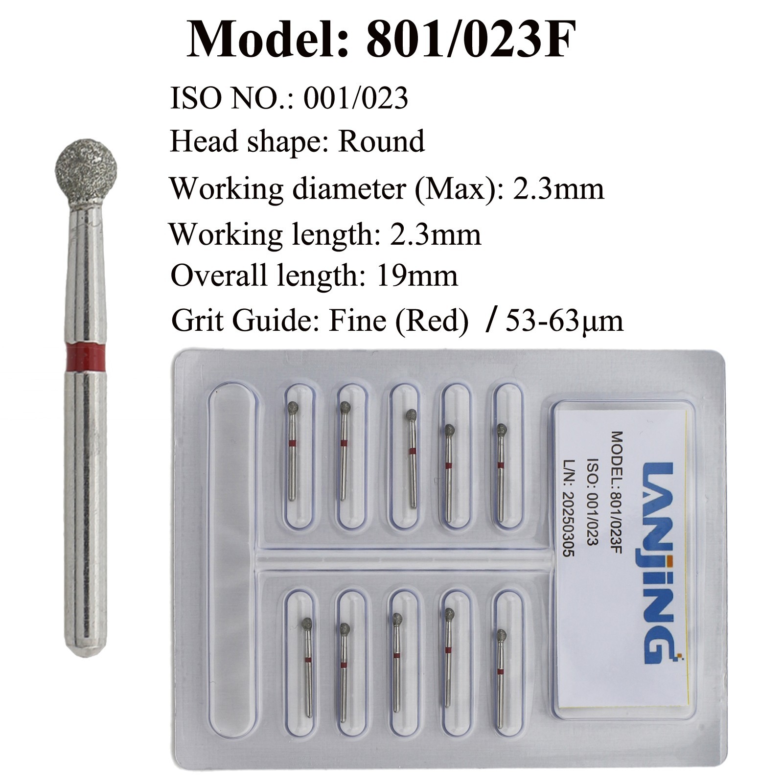 Dental Fine Round Diamond Burs 801/023F FG Ball Burs High Speed Burr BR Red