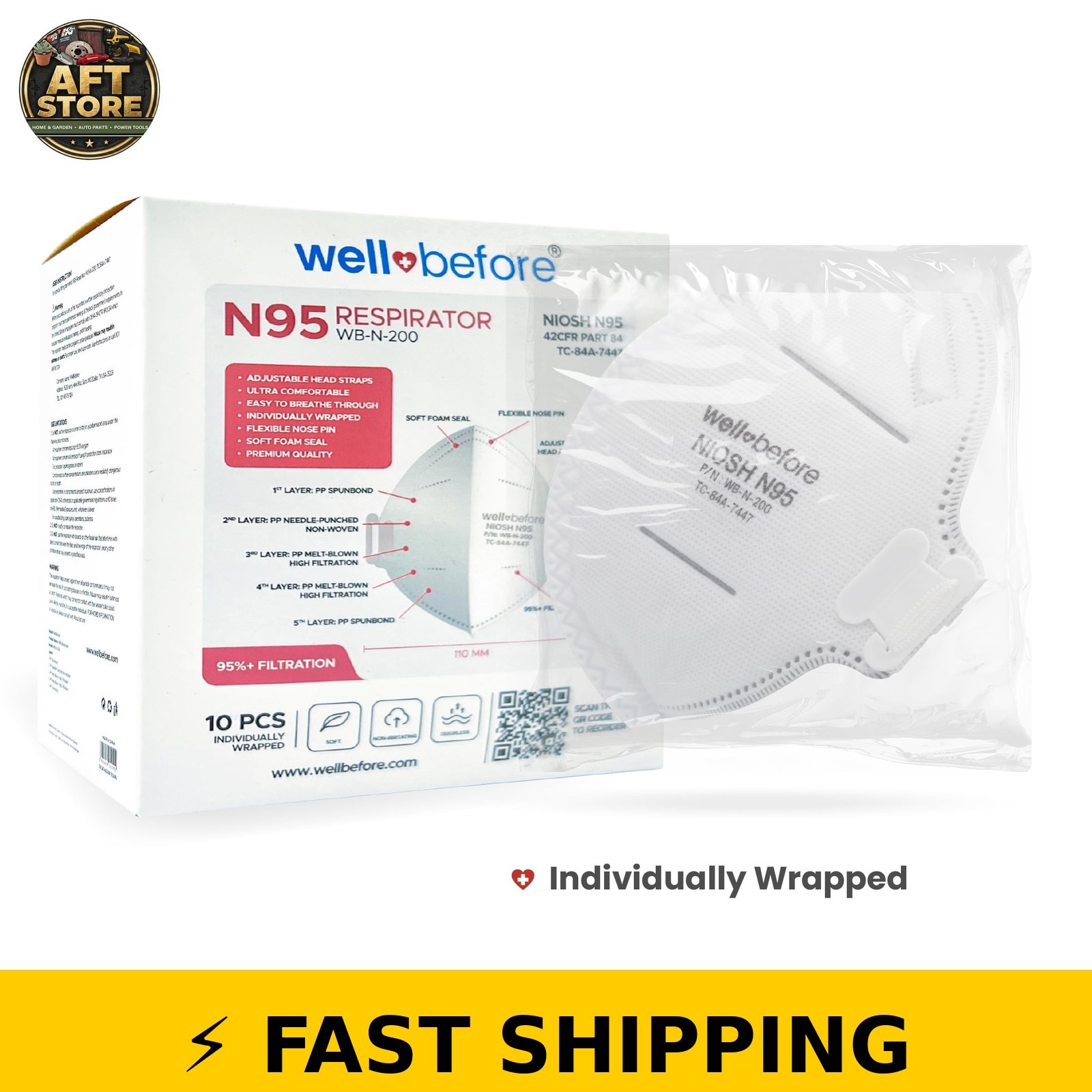 Well Before N95 Mask – NIOSH Approved, White, Pack of 10