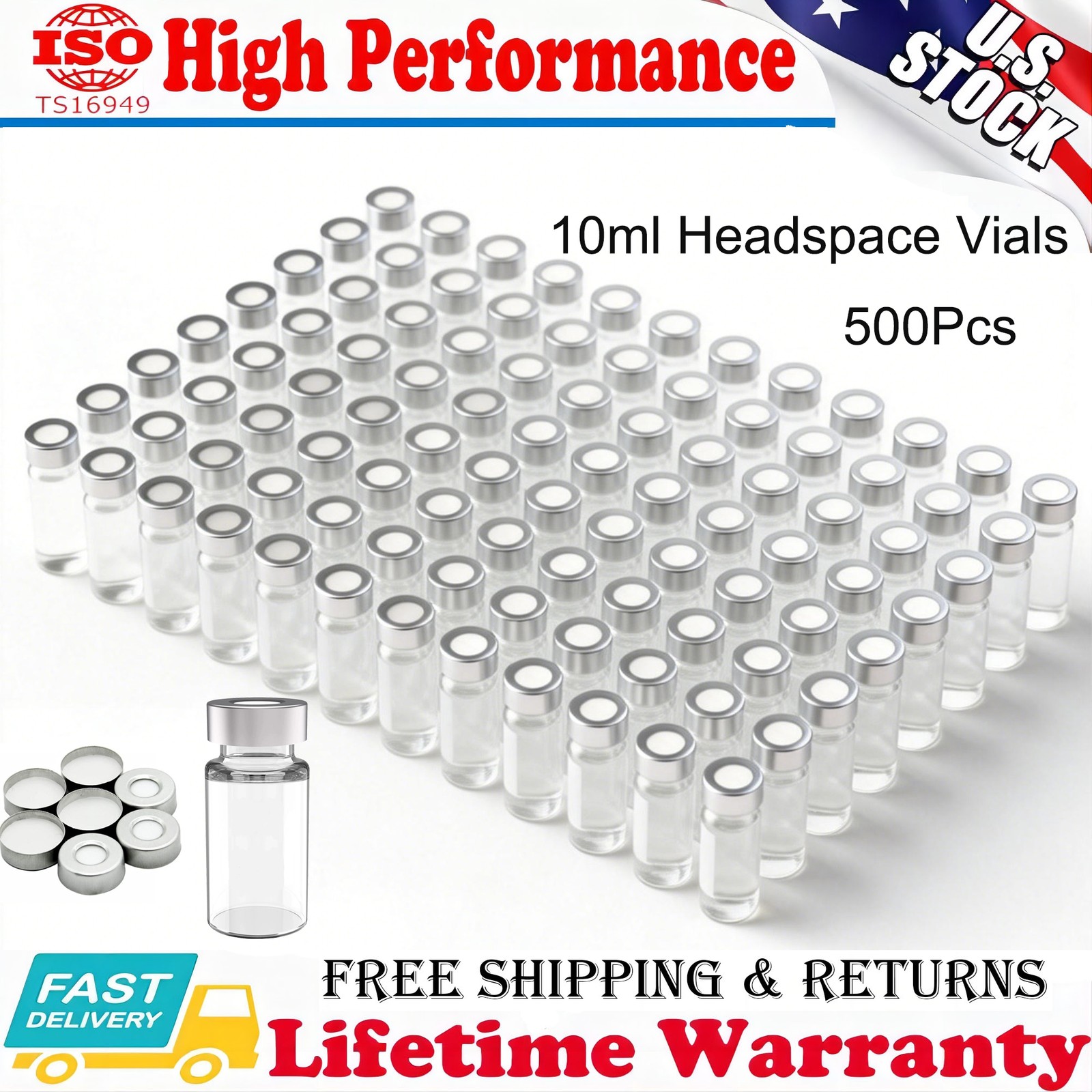 500pcs 10ml Headspace Sample Vials 20mm Crimp Top Bevelled Edge Flat Bottom US