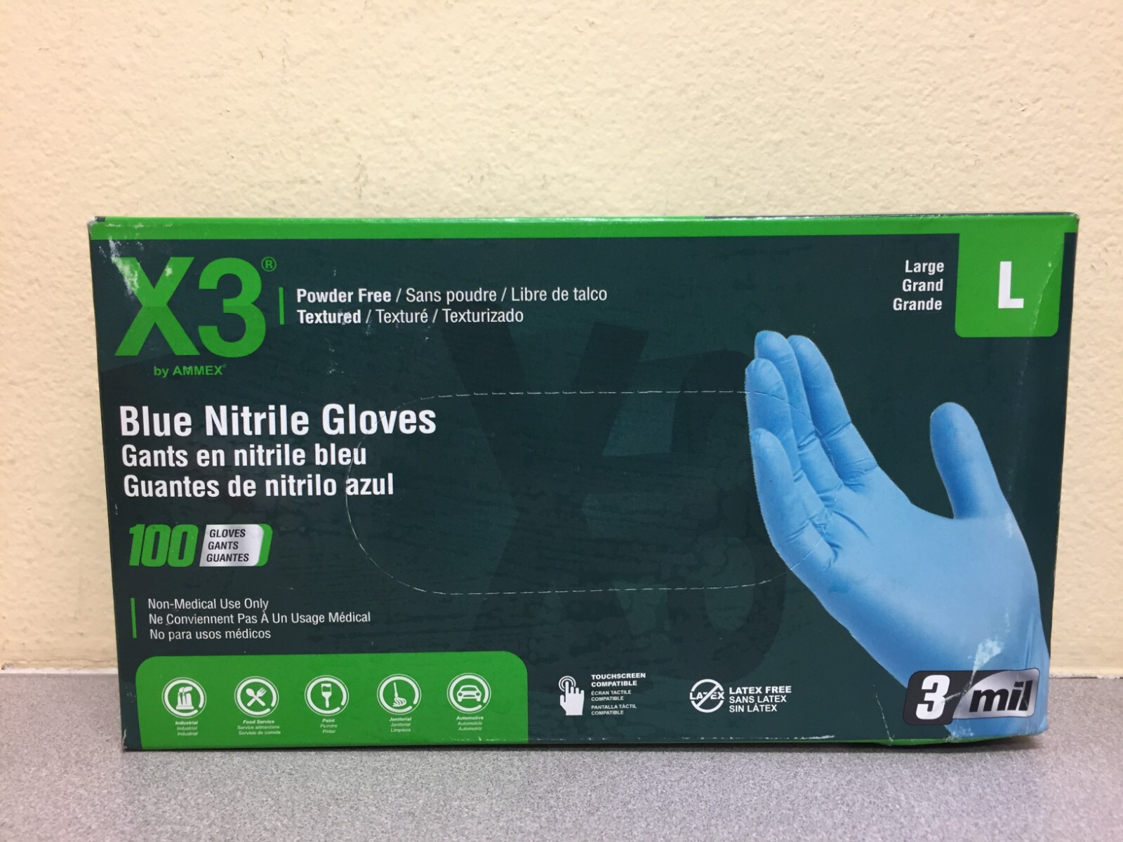 X3 X346100 Nitrile Disposable Gloves Large Blue Powder Free 100 pk